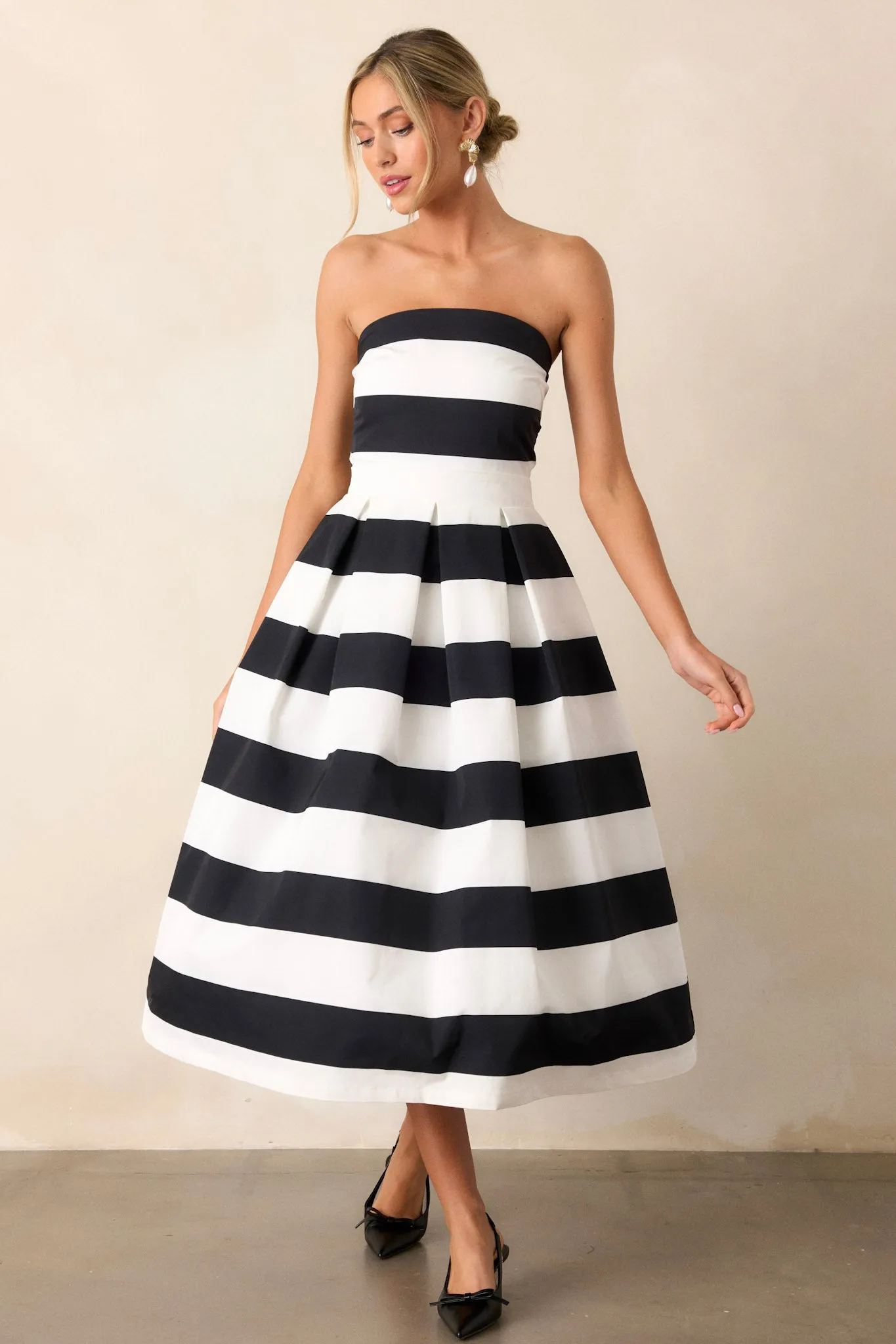 Crisp Contrast Black & White Stripe Strapless Midi Dress (RESTOCK FEBRUARY 2025)