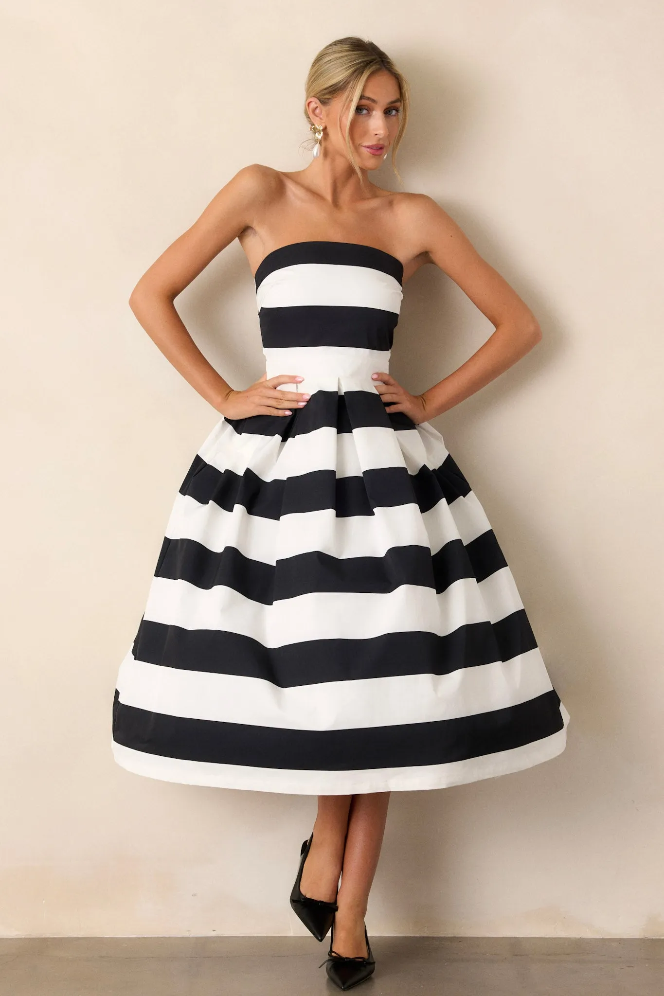 Crisp Contrast Black & White Stripe Strapless Midi Dress (RESTOCK FEBRUARY 2025)