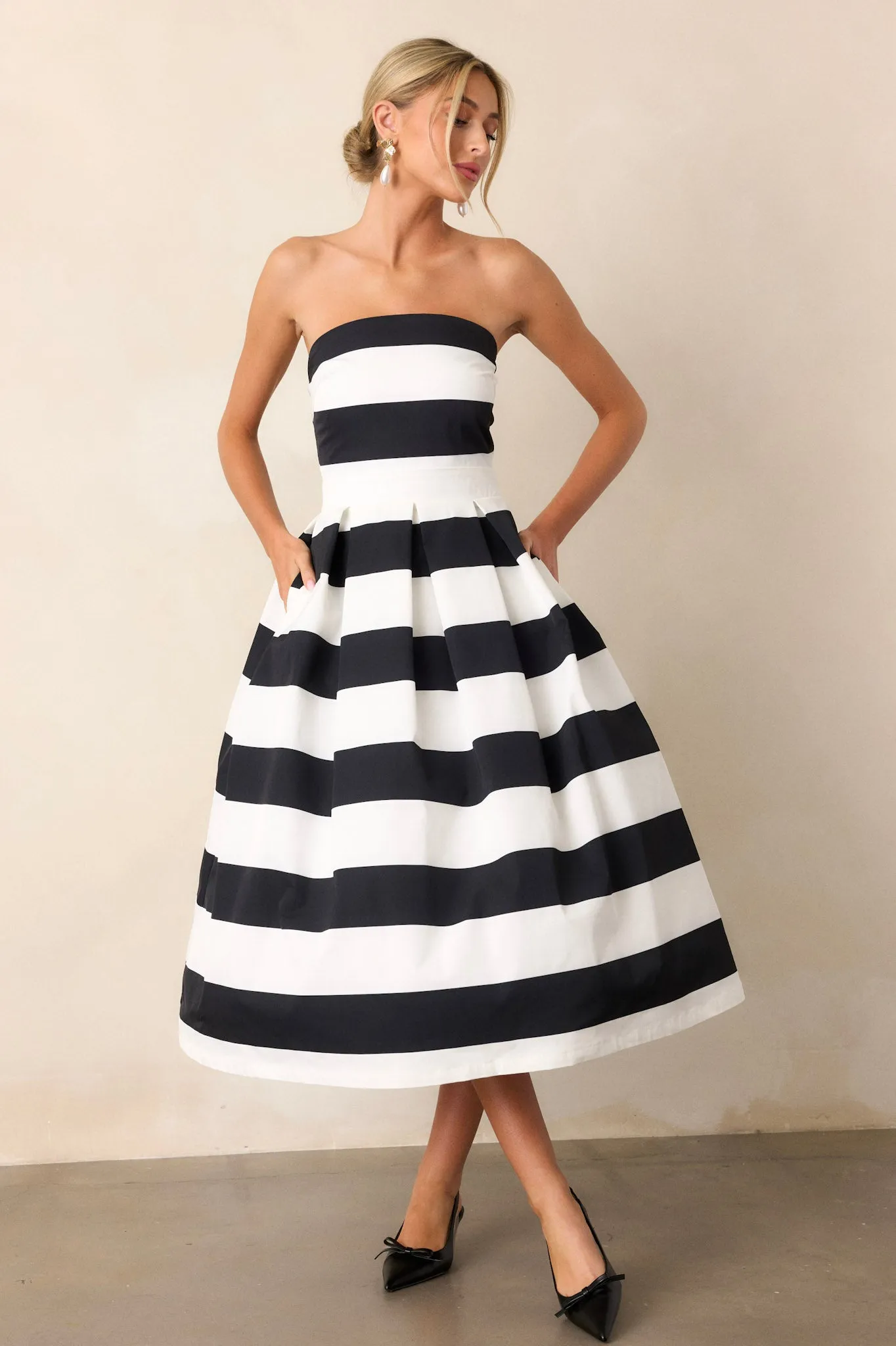 Crisp Contrast Black & White Stripe Strapless Midi Dress (RESTOCK FEBRUARY 2025)