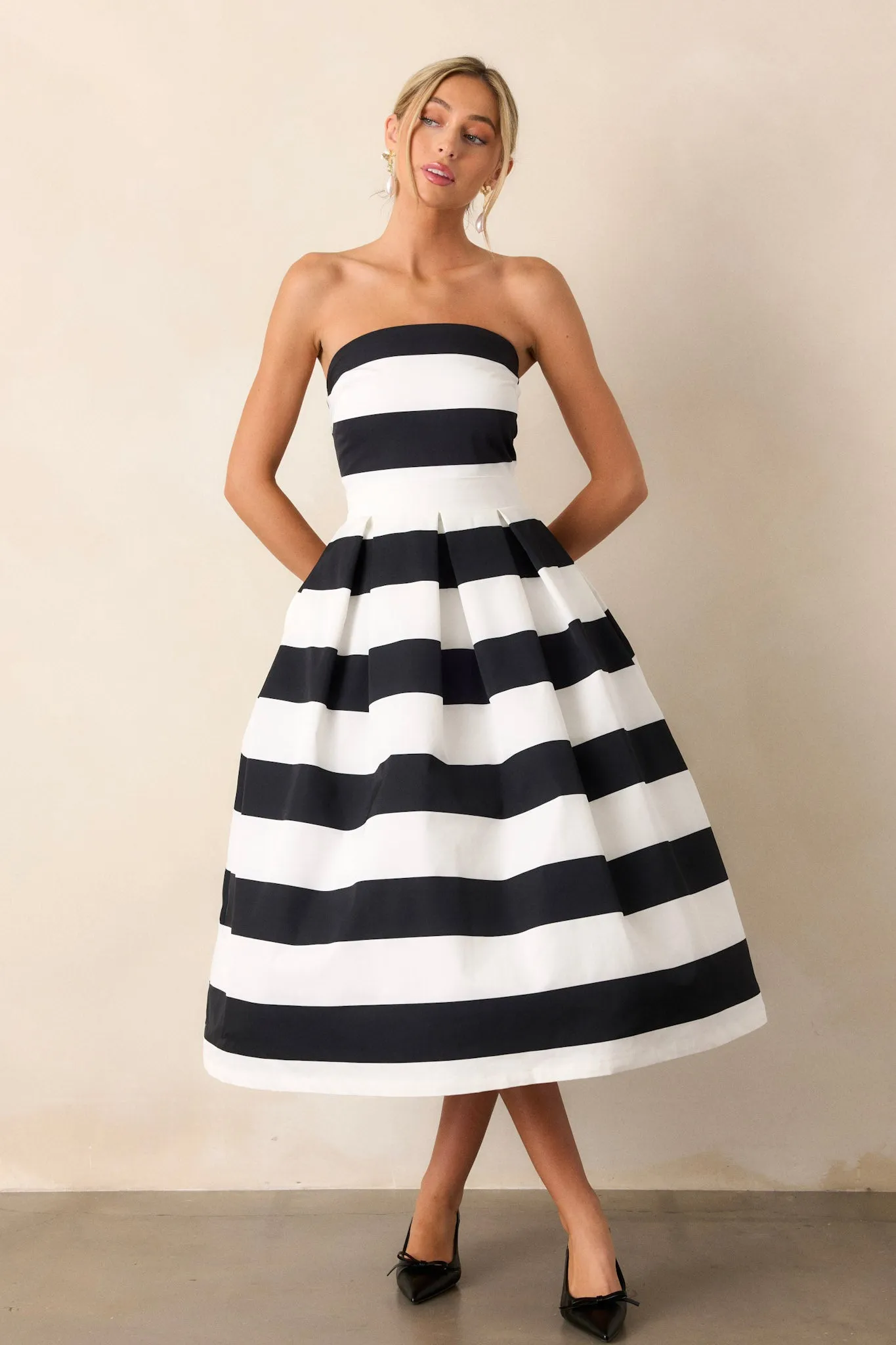 Crisp Contrast Black & White Stripe Strapless Midi Dress (RESTOCK FEBRUARY 2025)