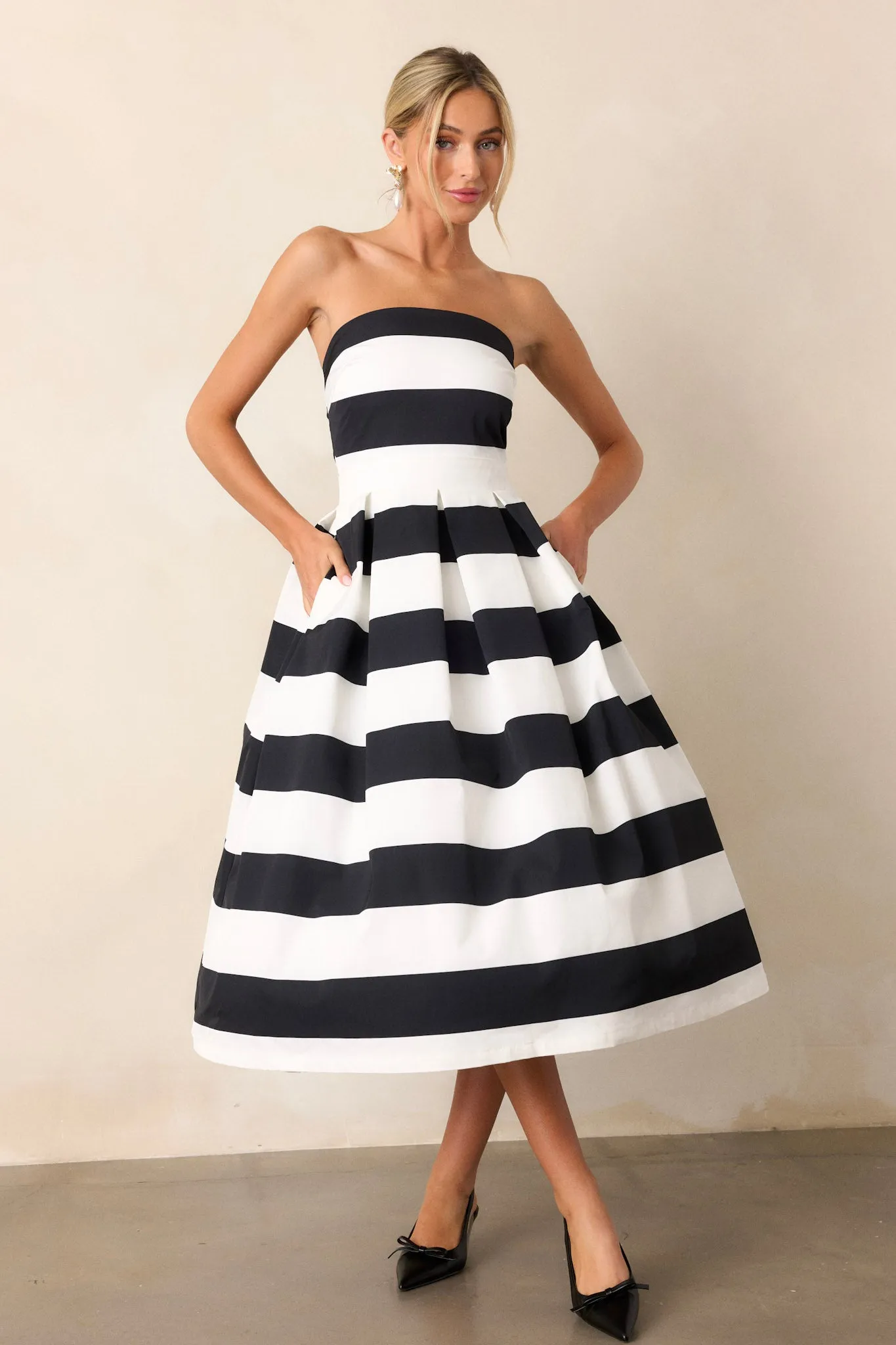 Crisp Contrast Black & White Stripe Strapless Midi Dress (RESTOCK FEBRUARY 2025)