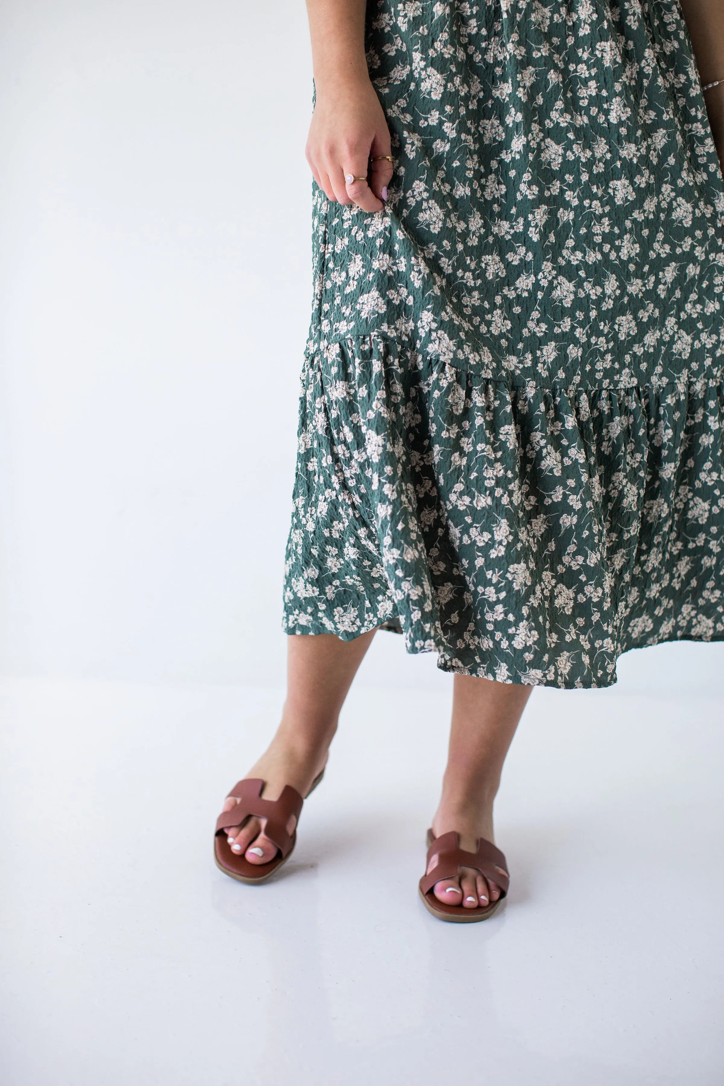 'Deidra' Textured Flower Print Midi Dress in Dusty Jade