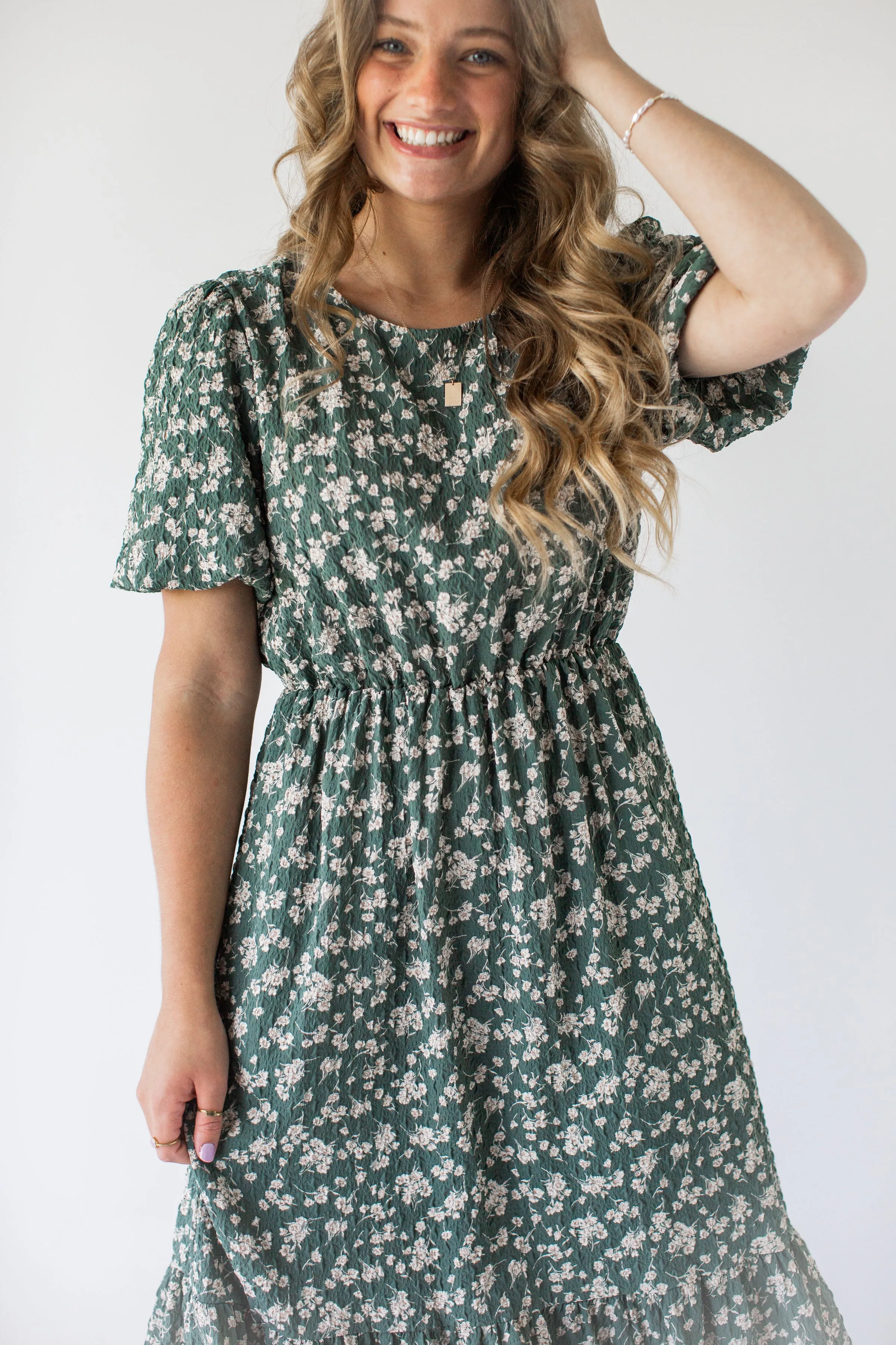 'Deidra' Textured Flower Print Midi Dress in Dusty Jade