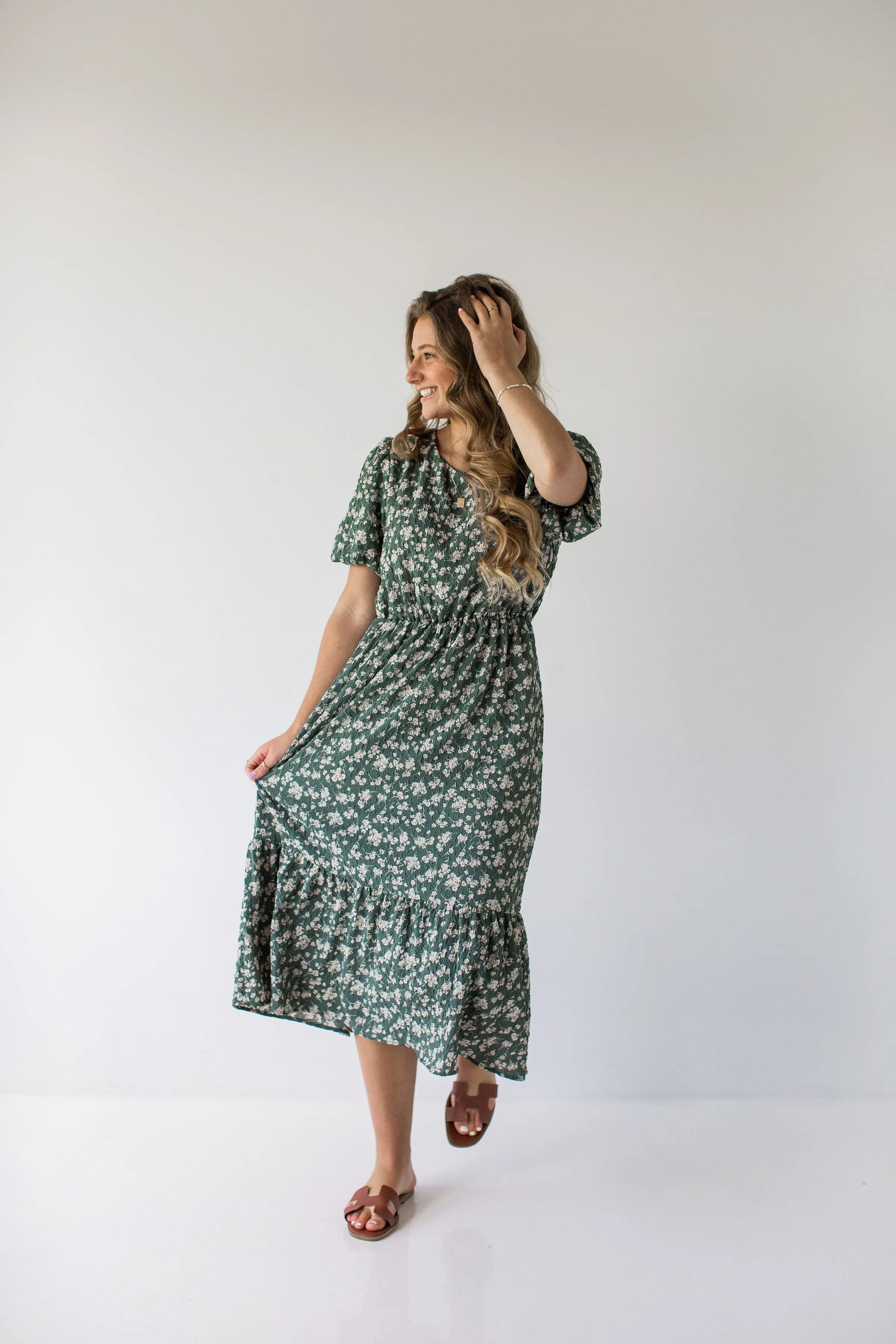 'Deidra' Textured Flower Print Midi Dress in Dusty Jade