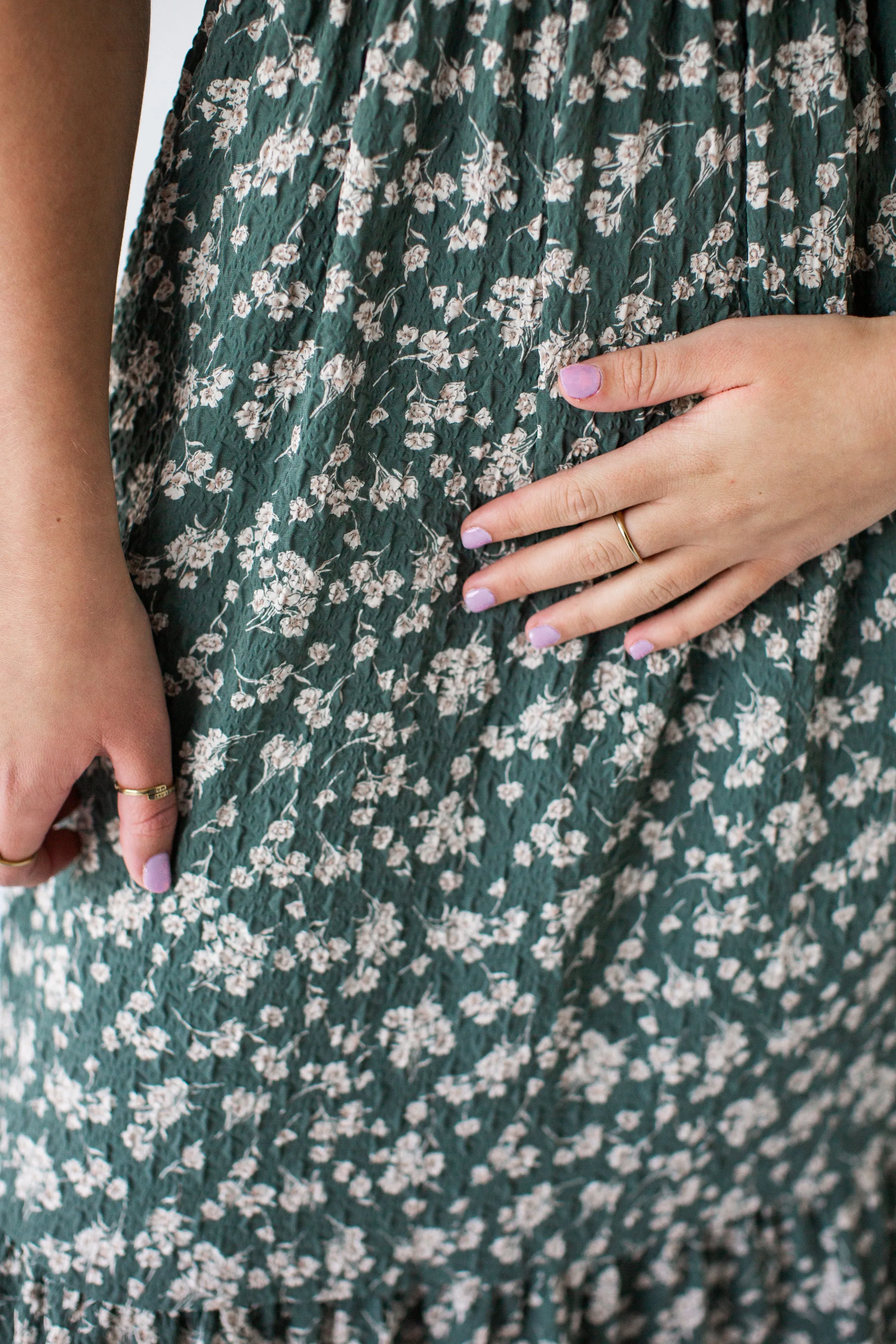 'Deidra' Textured Flower Print Midi Dress in Dusty Jade