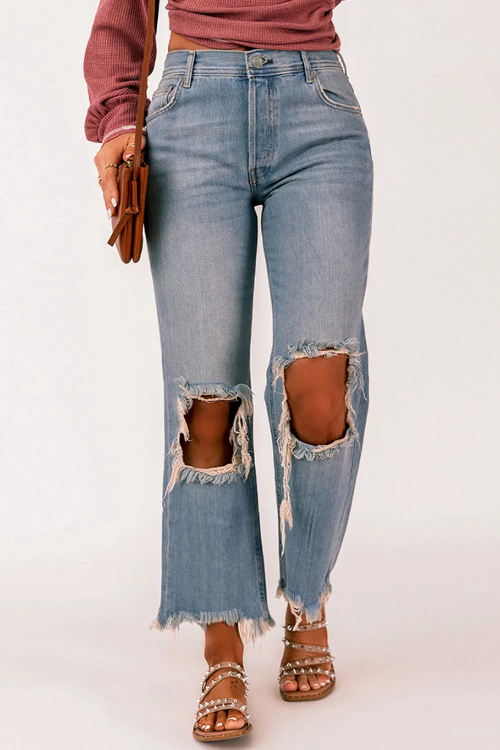 Distressed Knee Holes Straight Leg Jeans