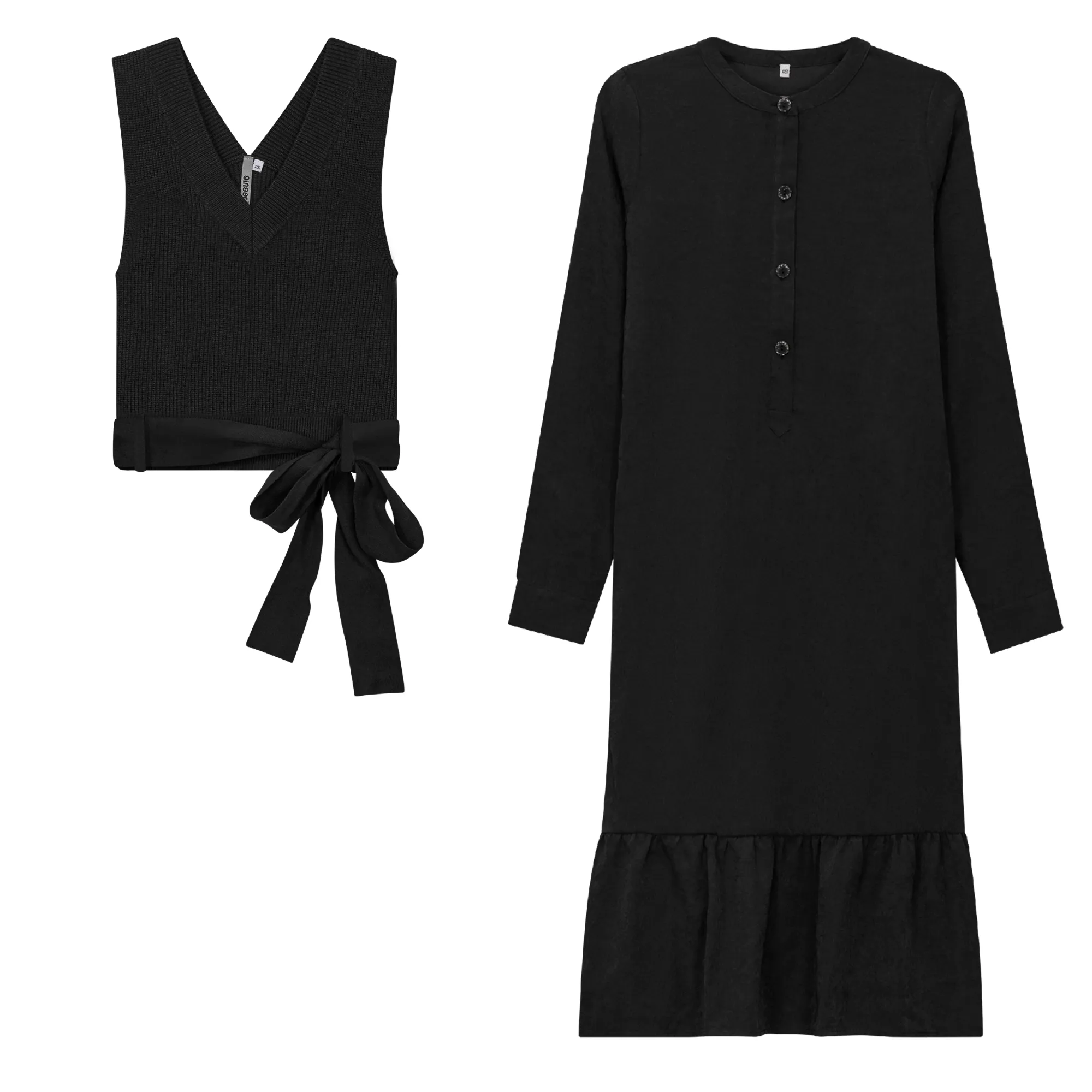 dress knit wrap with vest midi - black