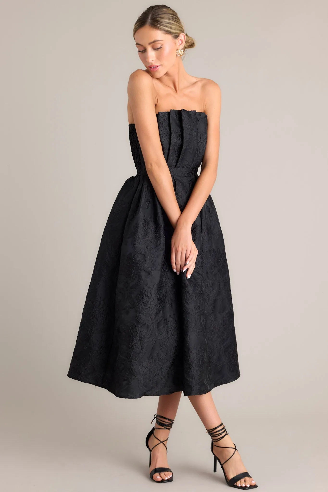 Enchanted Elegance Black Jacquard Strapless Midi Dress