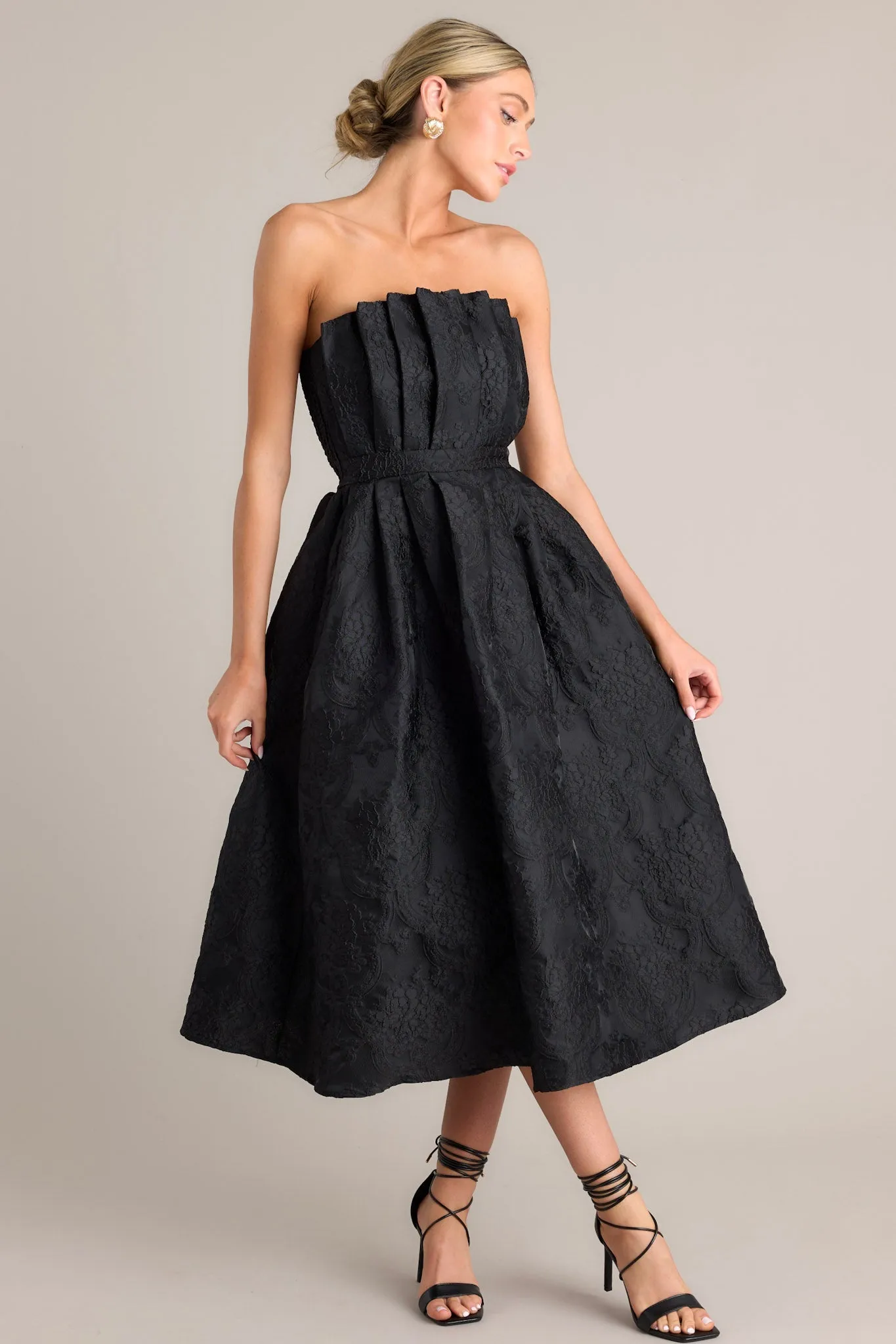 Enchanted Elegance Black Jacquard Strapless Midi Dress