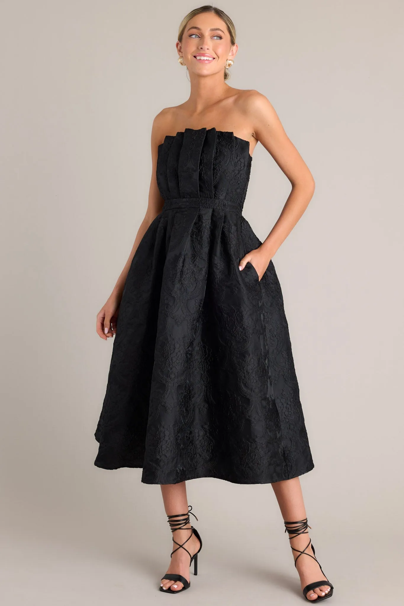 Enchanted Elegance Black Jacquard Strapless Midi Dress