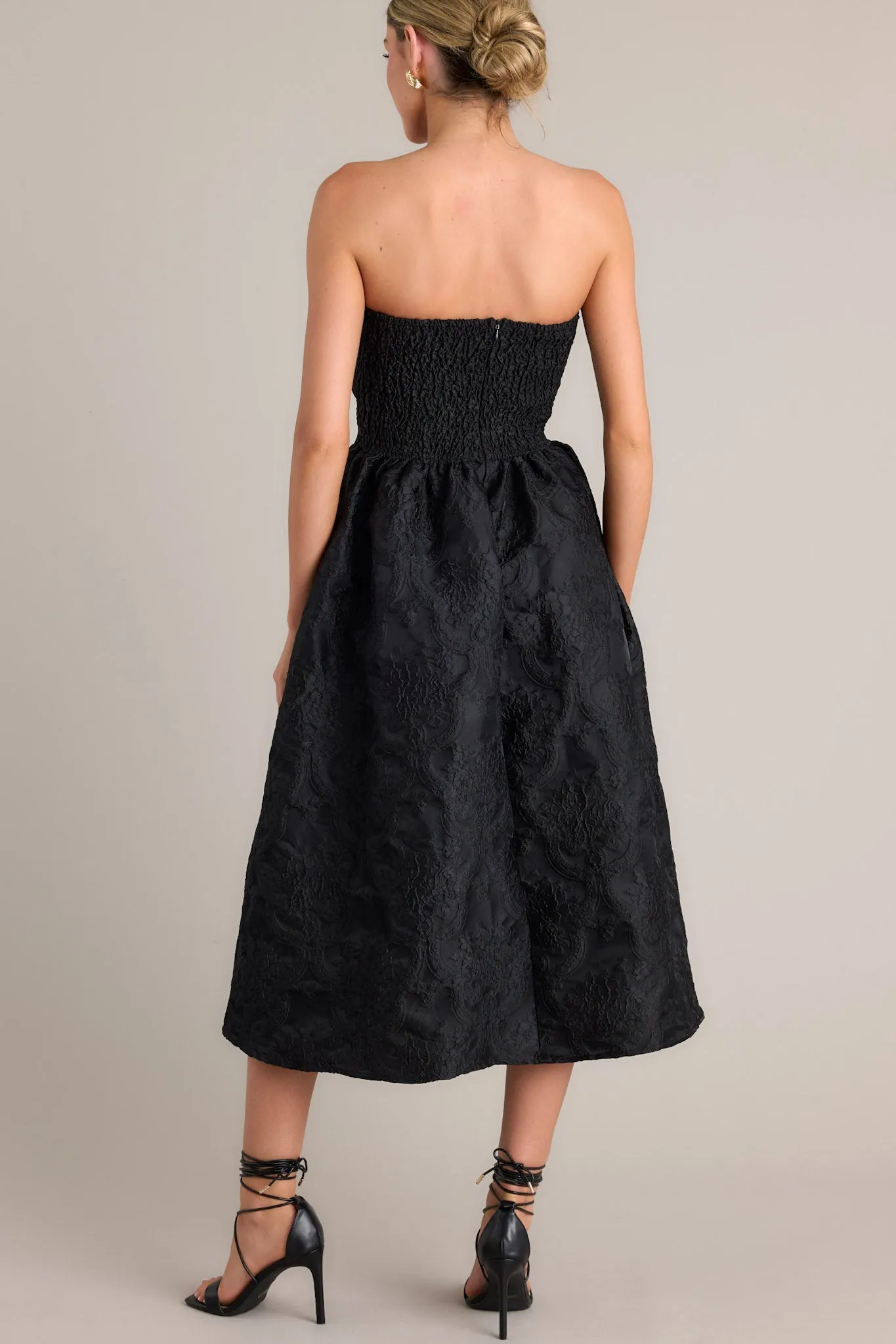 Enchanted Elegance Black Jacquard Strapless Midi Dress