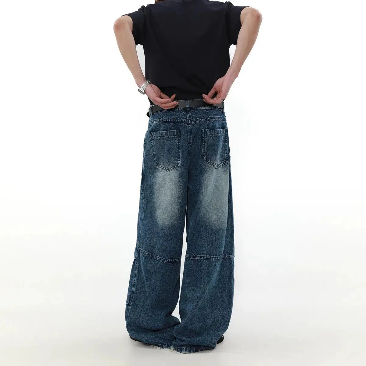 Faded Raw Edge Pleats Wide Jeans