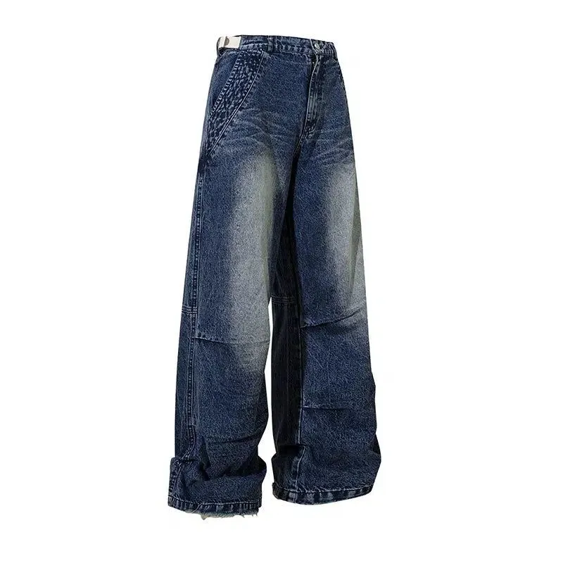 Faded Raw Edge Pleats Wide Jeans