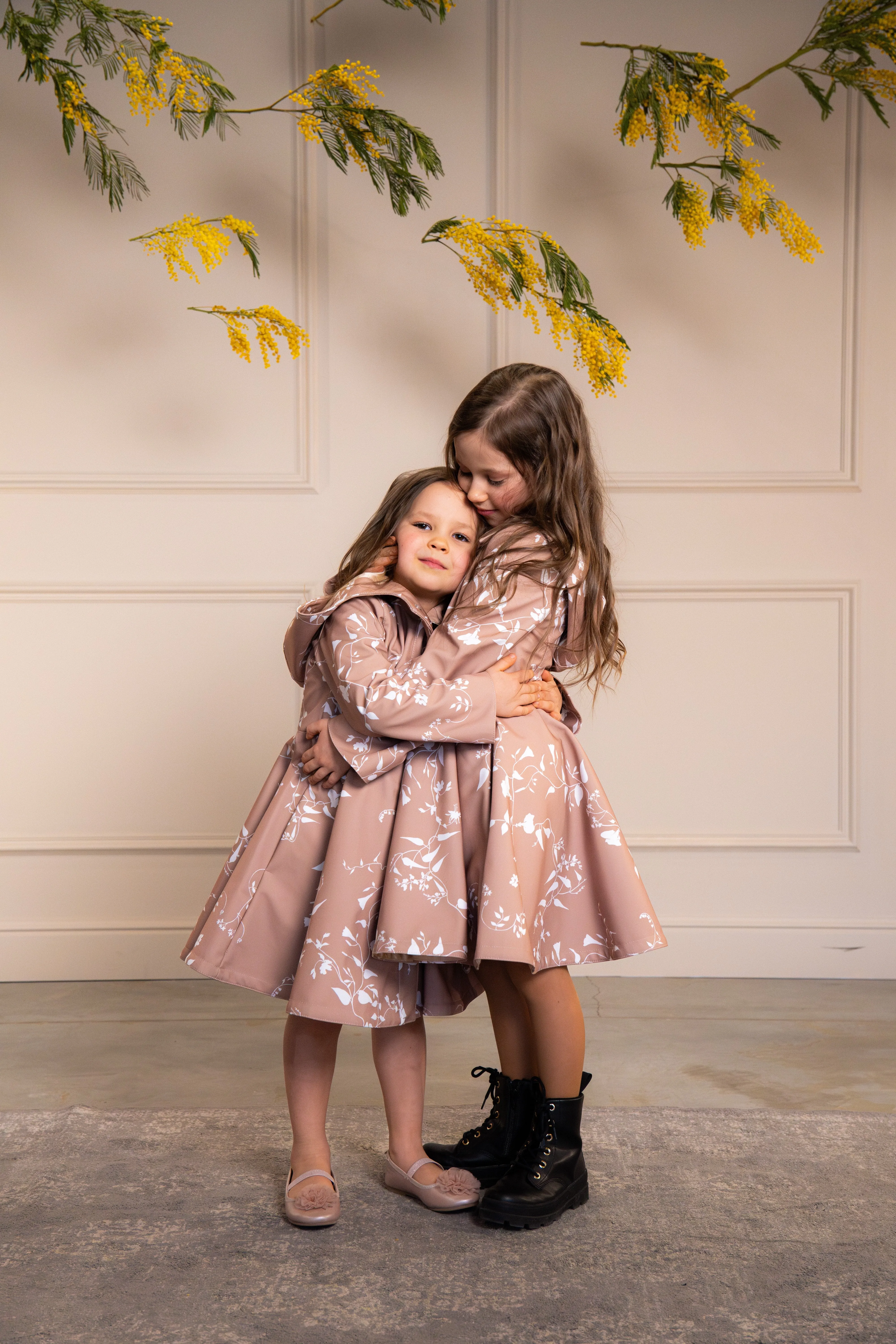 Fitted and Flared Coat for Girls in Pink-Beige with White Floral Print | 'Rose Blush'