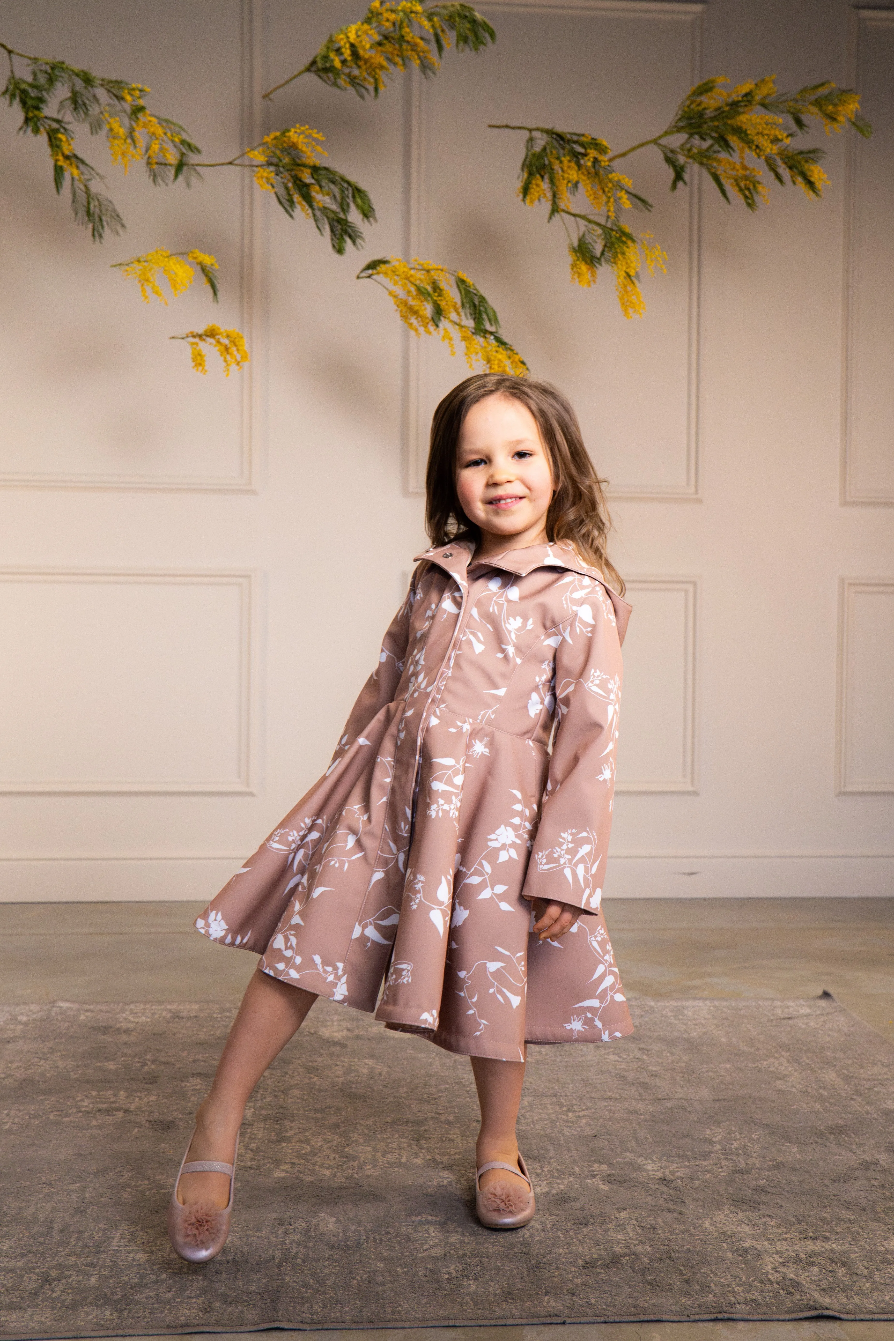 Fitted and Flared Coat for Girls in Pink-Beige with White Floral Print | 'Rose Blush'