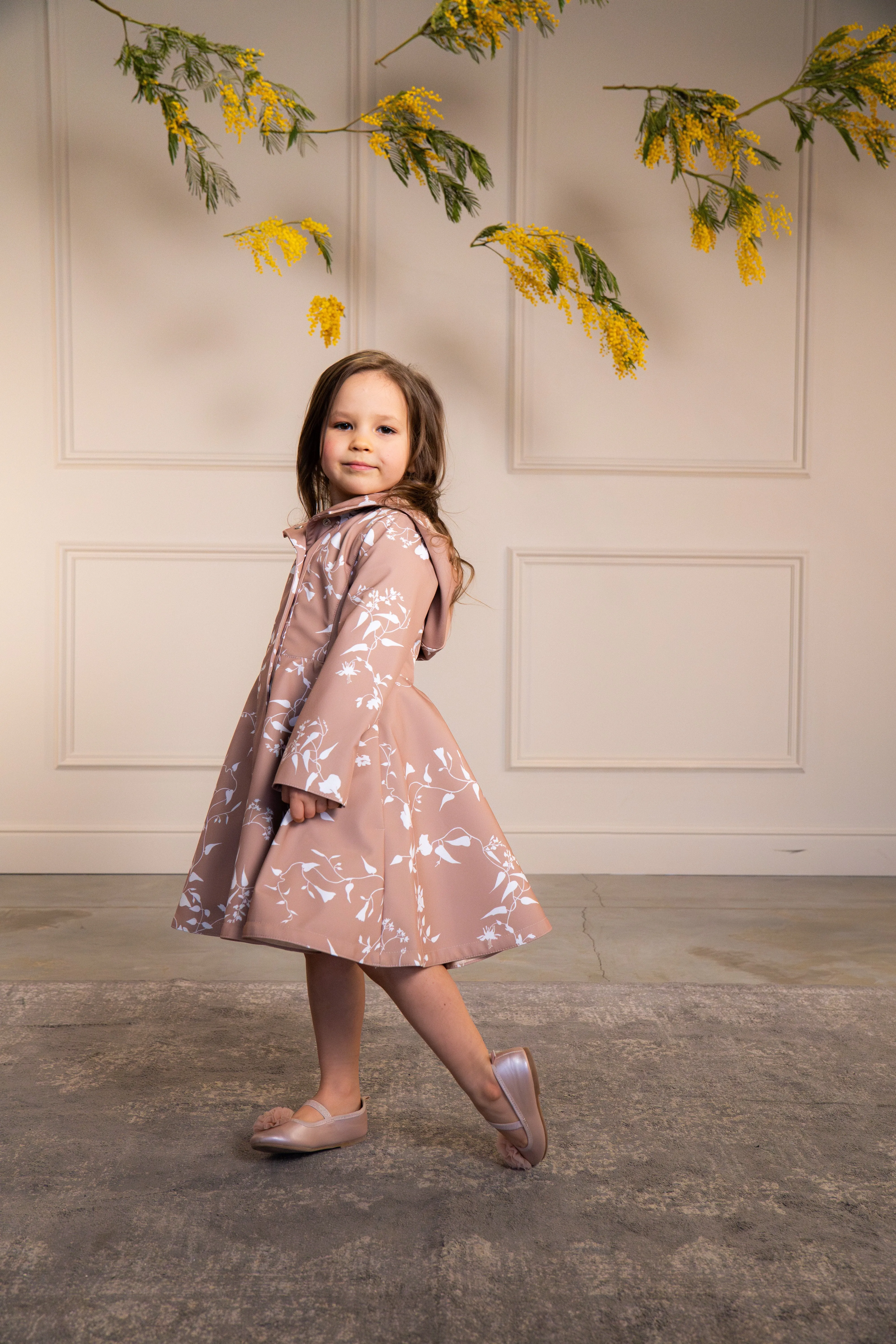 Fitted and Flared Coat for Girls in Pink-Beige with White Floral Print | 'Rose Blush'