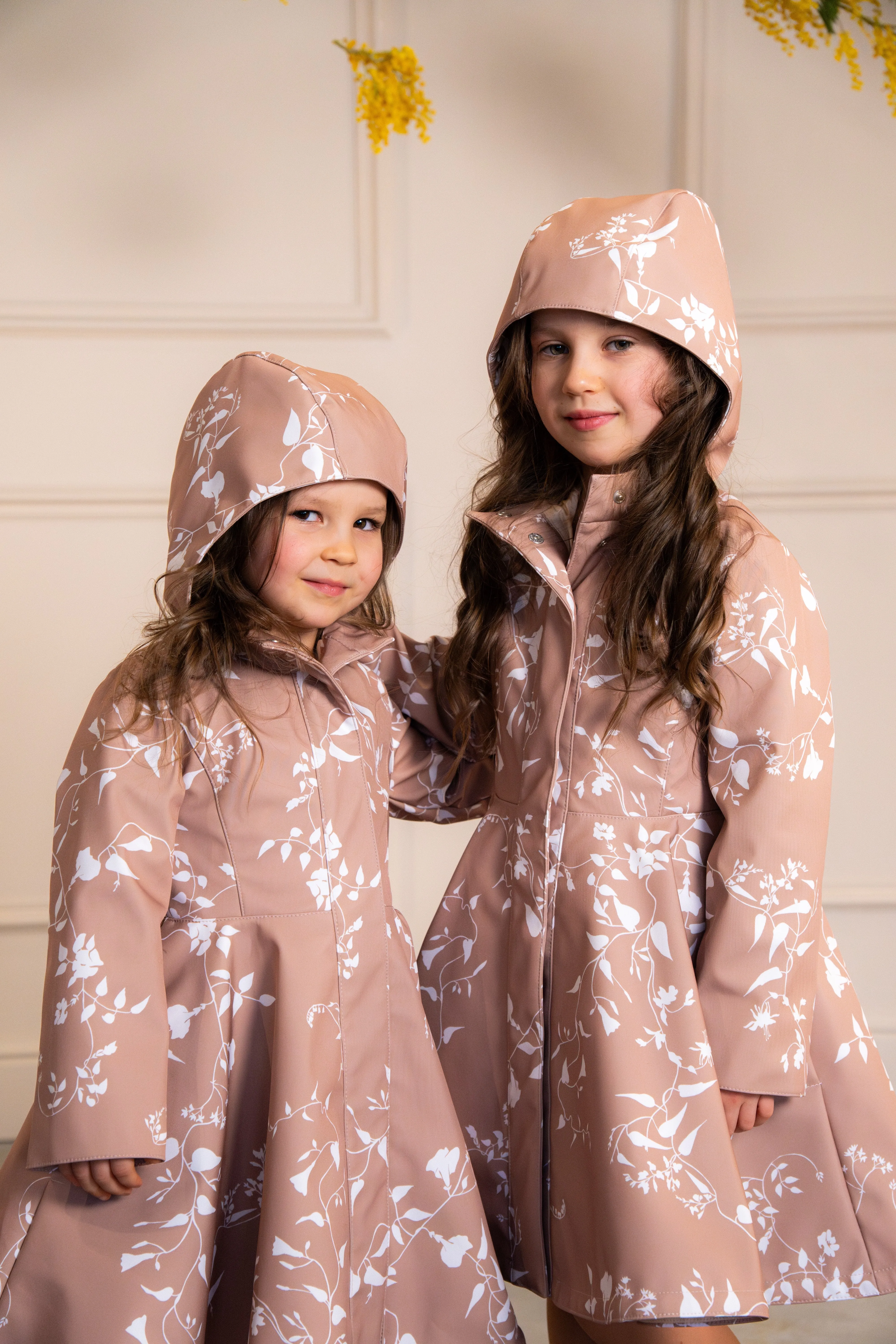 Fitted and Flared Coat for Girls in Pink-Beige with White Floral Print | 'Rose Blush'