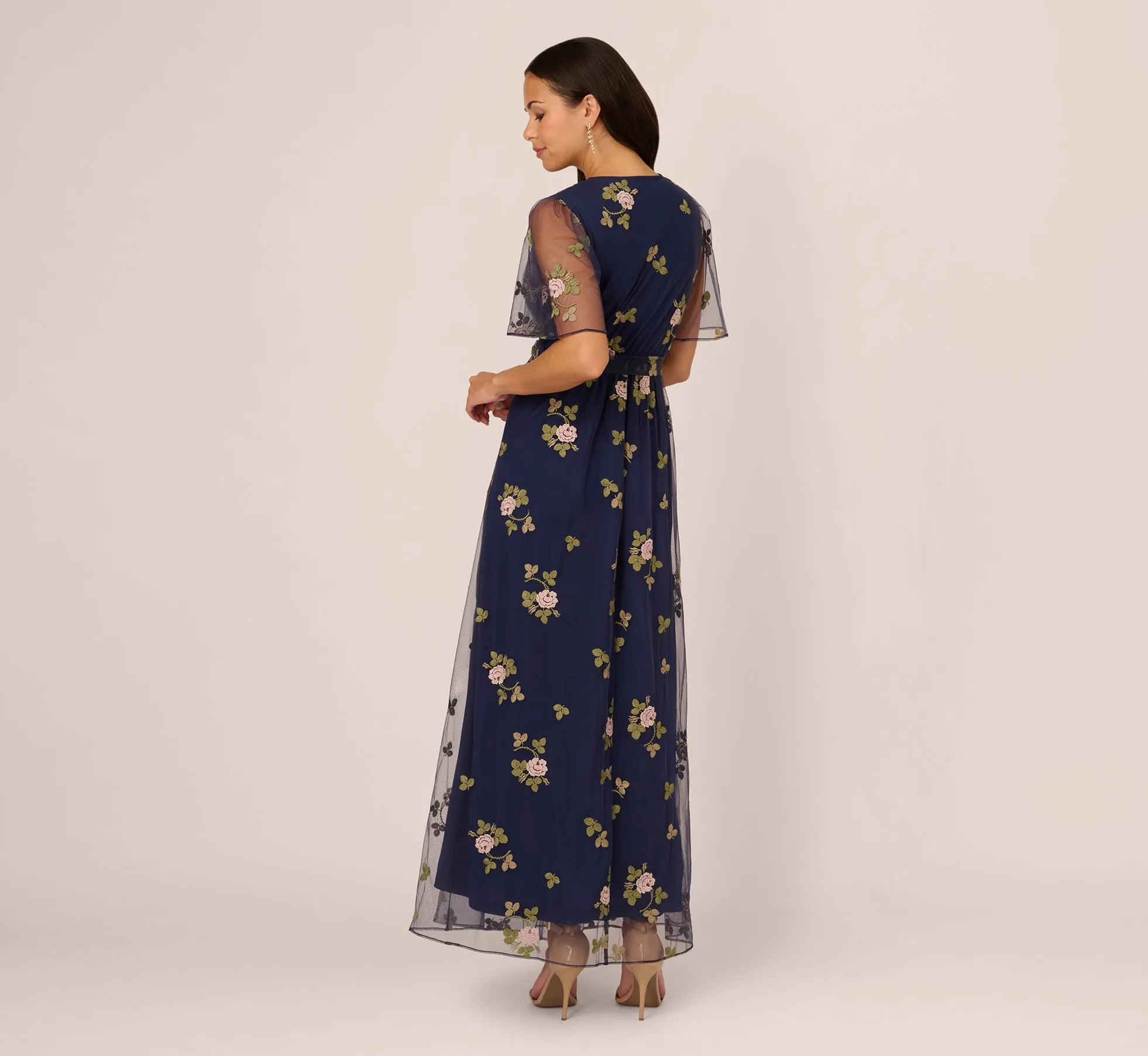 Floral Embroidered Maxi Dress With Sheer Flutter Sleeves In Navy Multi