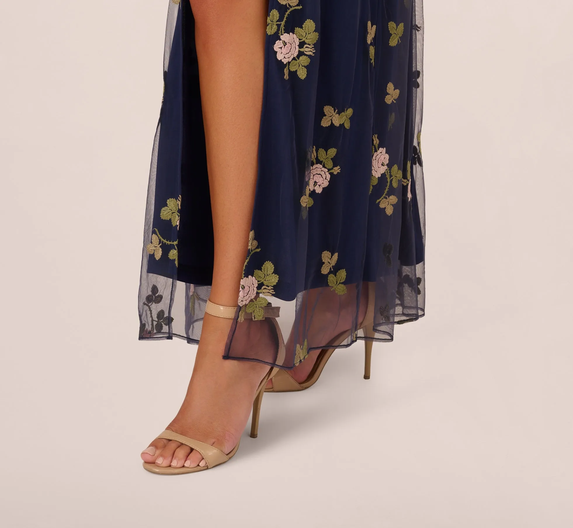 Floral Embroidered Maxi Dress With Sheer Flutter Sleeves In Navy Multi