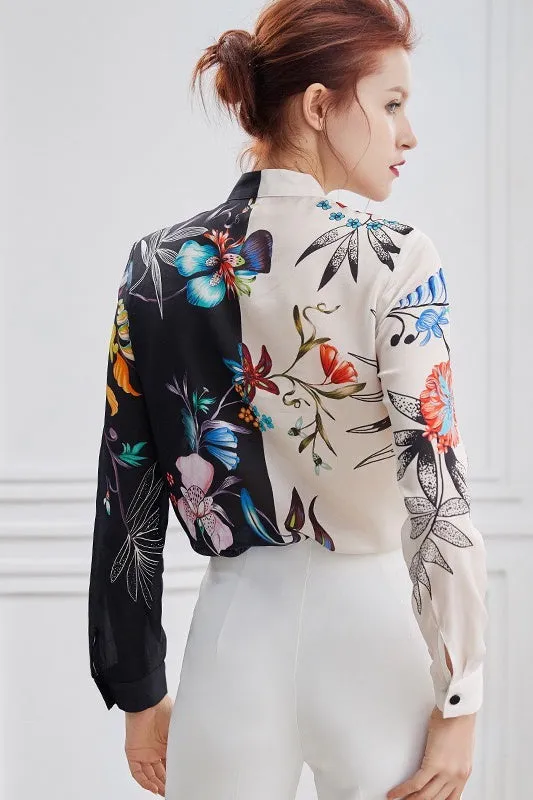 Floral Print Contrast Silk Blouse