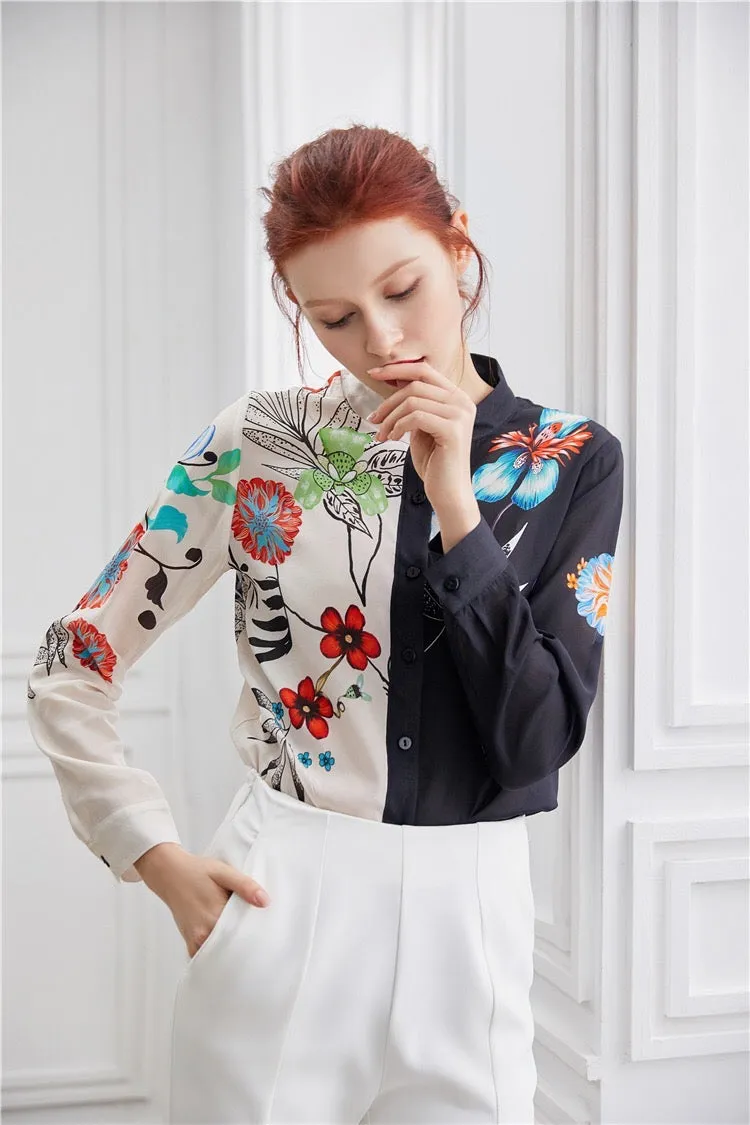 Floral Print Contrast Silk Blouse