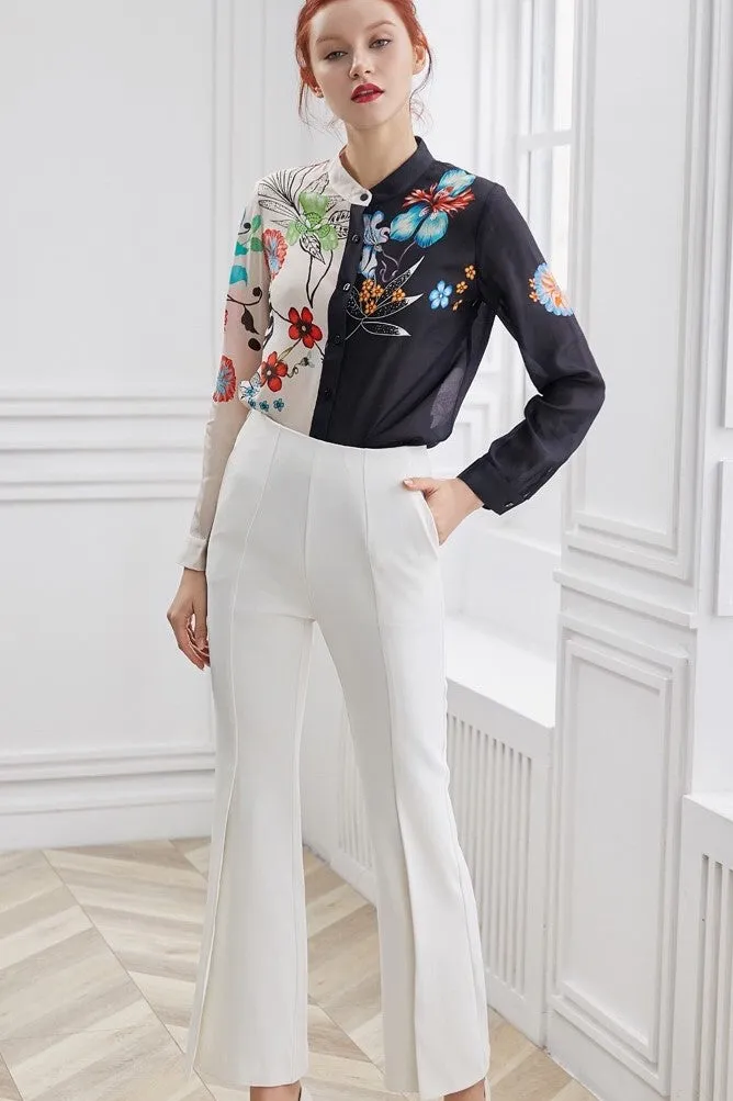 Floral Print Contrast Silk Blouse