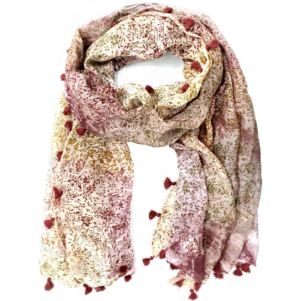 Floral Print Pom Pom Fringe Scarf - Brown/Khaki