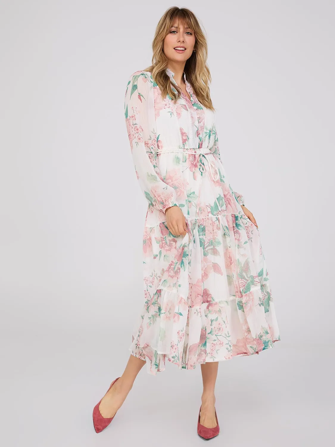 Floral Print Split Neck Tiered Maxi Dress