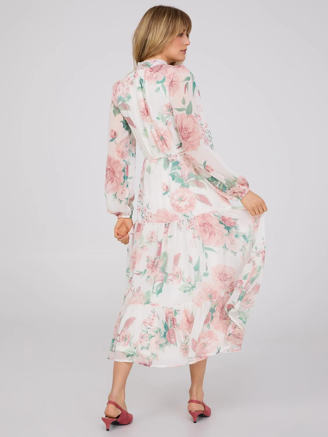 Floral Print Split Neck Tiered Maxi Dress