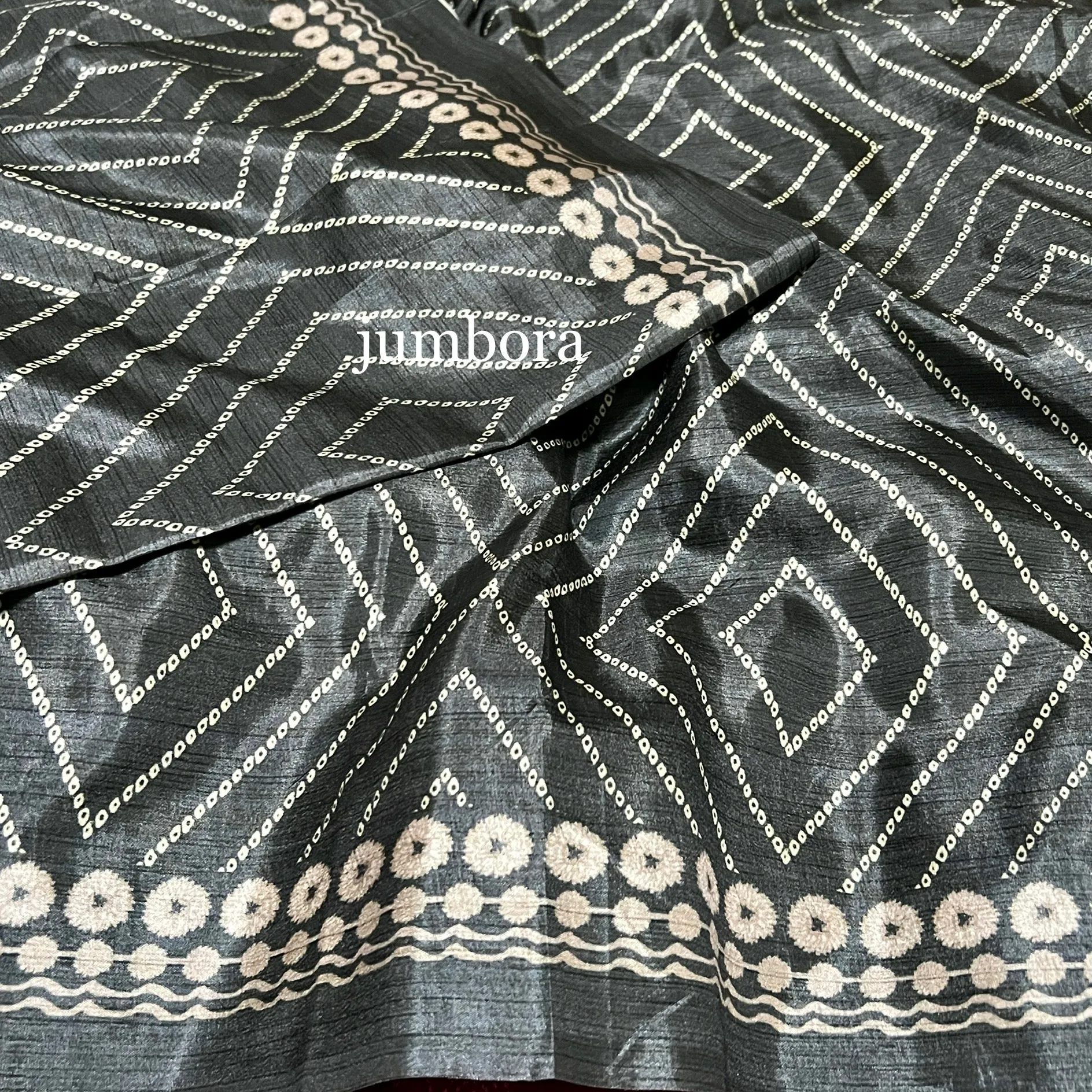 Greyish Black Satin Crepe Bandhini & Kalamkari Saree with Stitched Blouse