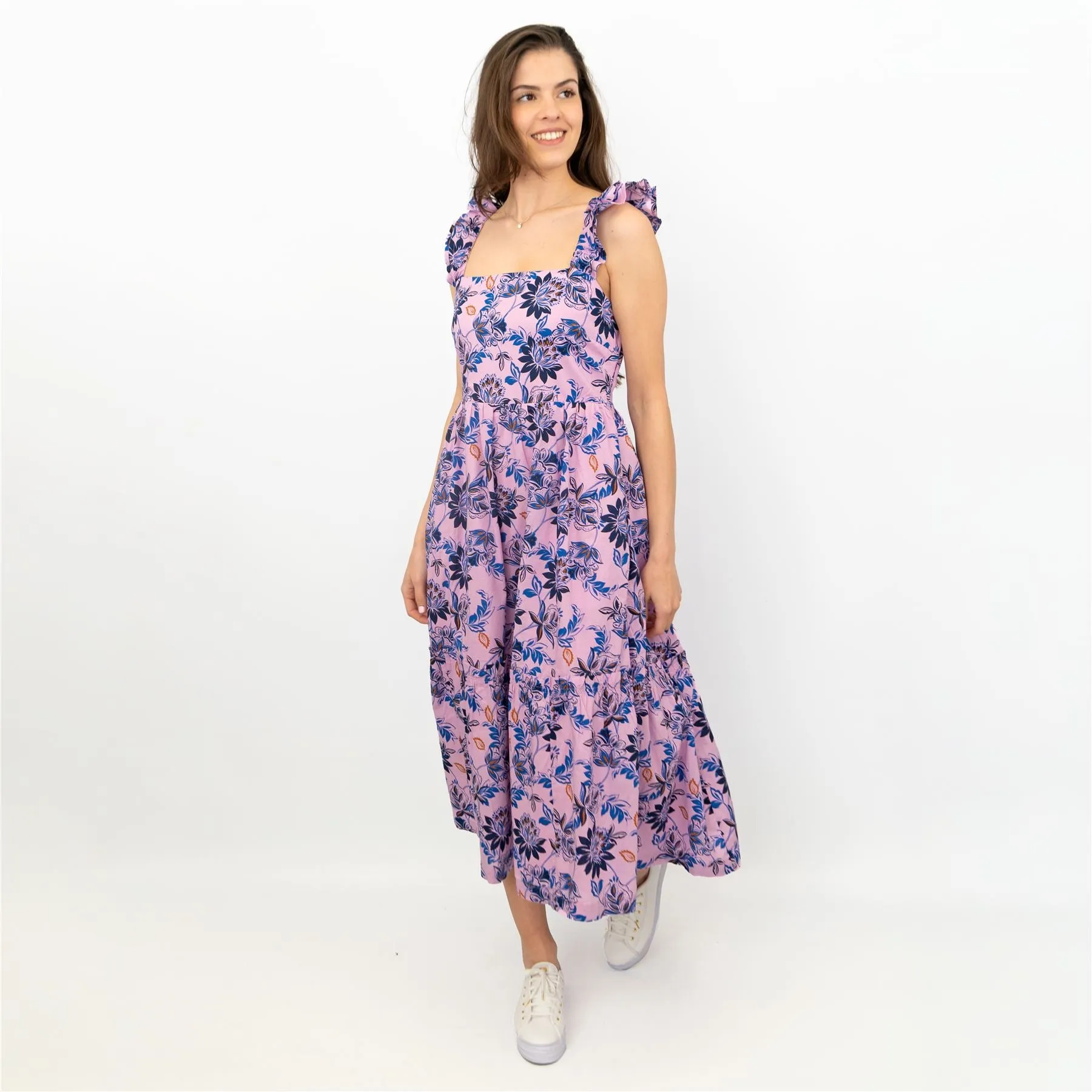 J.Crew Women Pink Floral Sleeveless Strap Summer Square Neck Long Midi Dress