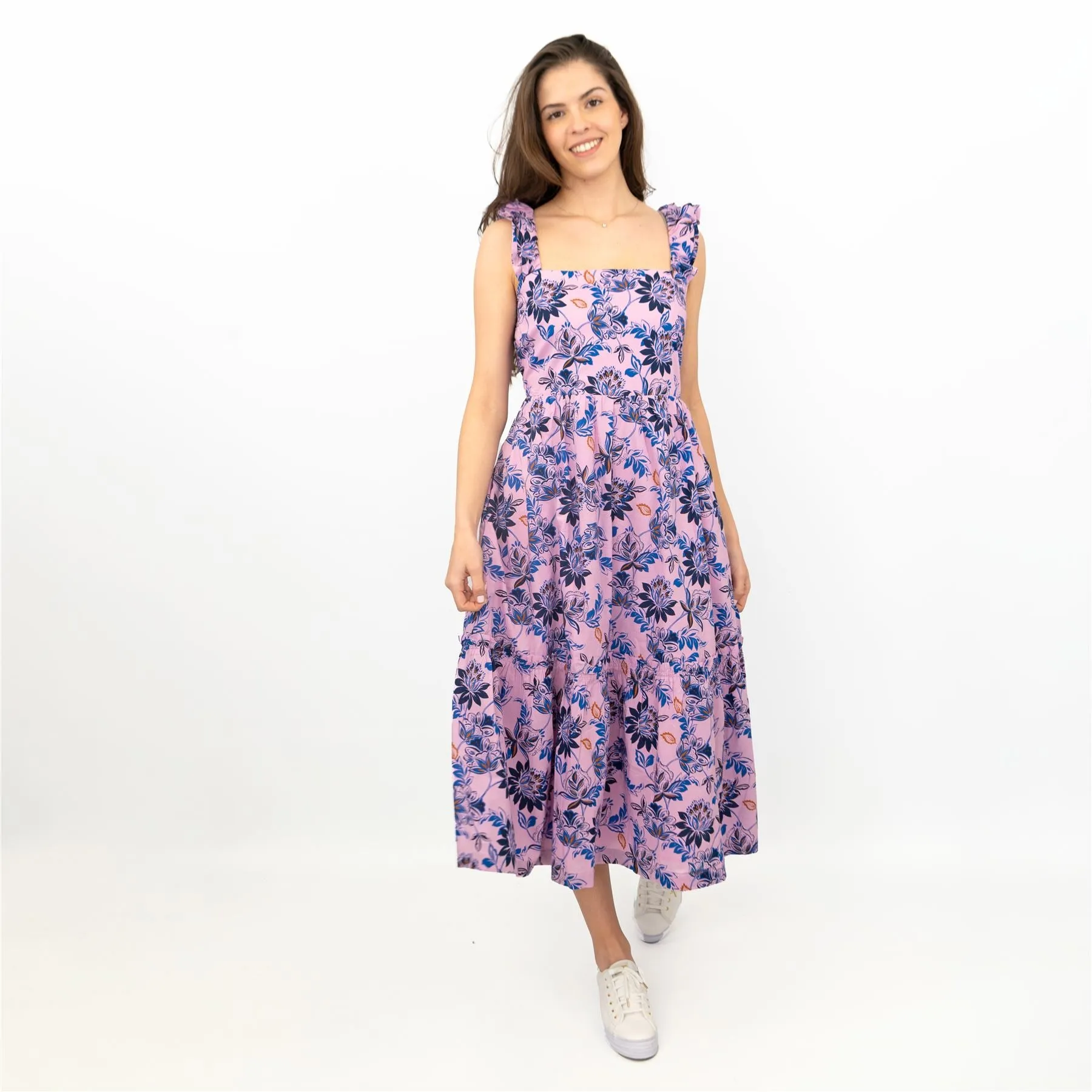 J.Crew Women Pink Floral Sleeveless Strap Summer Square Neck Long Midi Dress