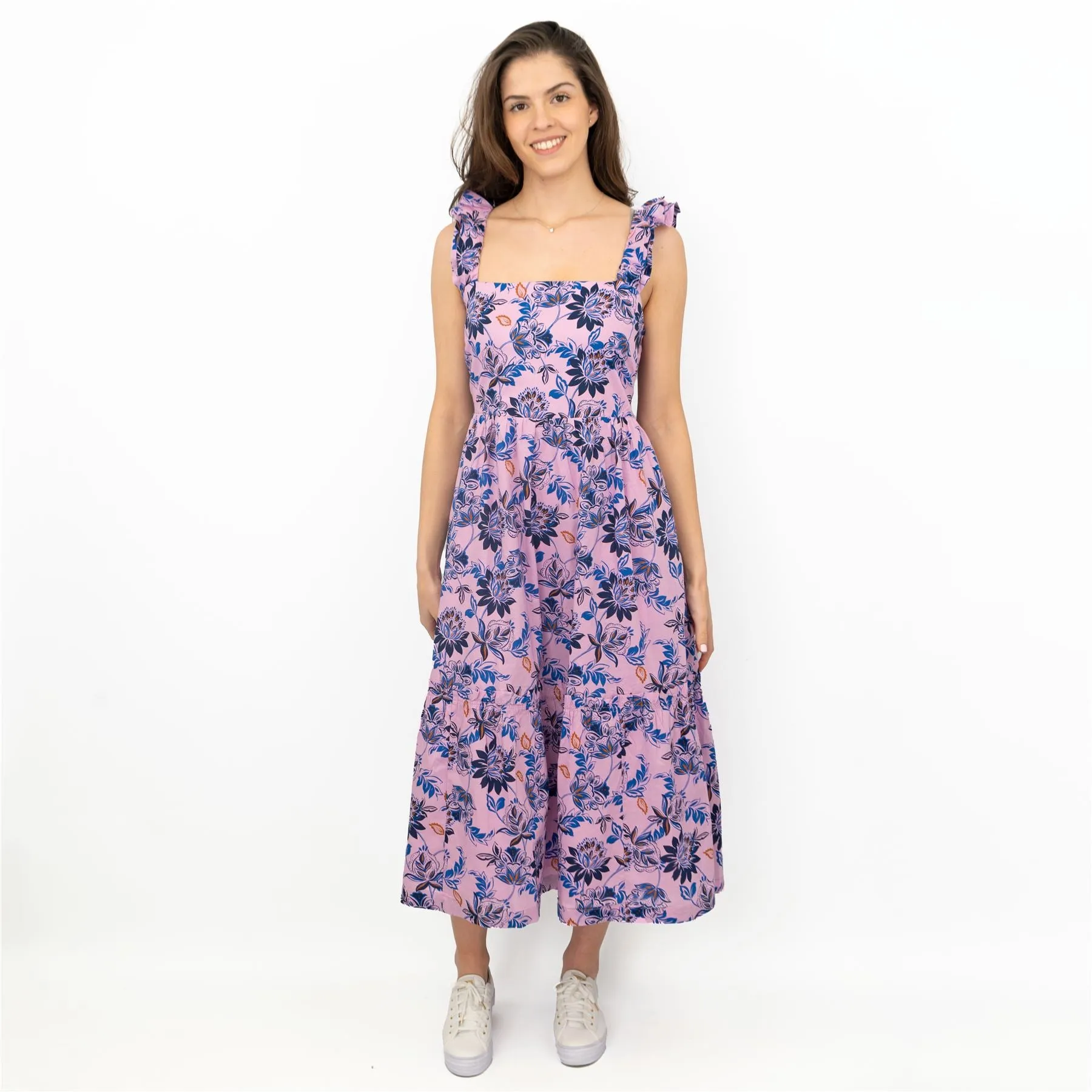 J.Crew Women Pink Floral Sleeveless Strap Summer Square Neck Long Midi Dress