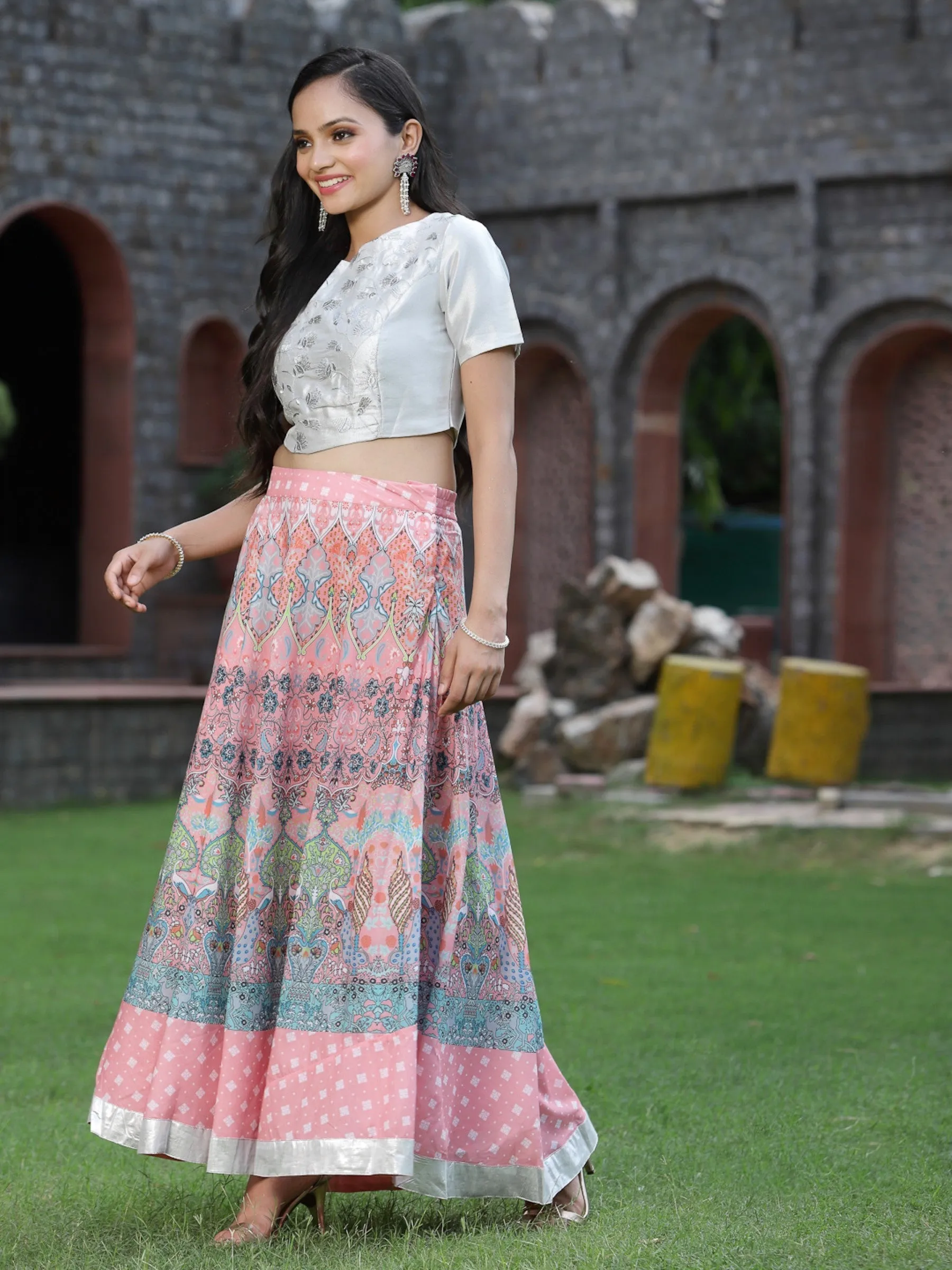 Juniper Silver Floral Printed Shimer Embroidered Blouse With Zari Work