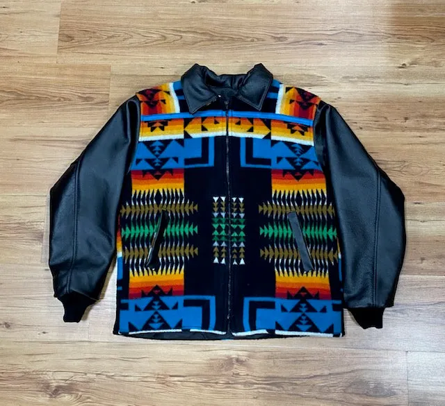 Kraffs Open Bottom Bomber Jacket, Chief Joseph Black, with Leather Sleeves