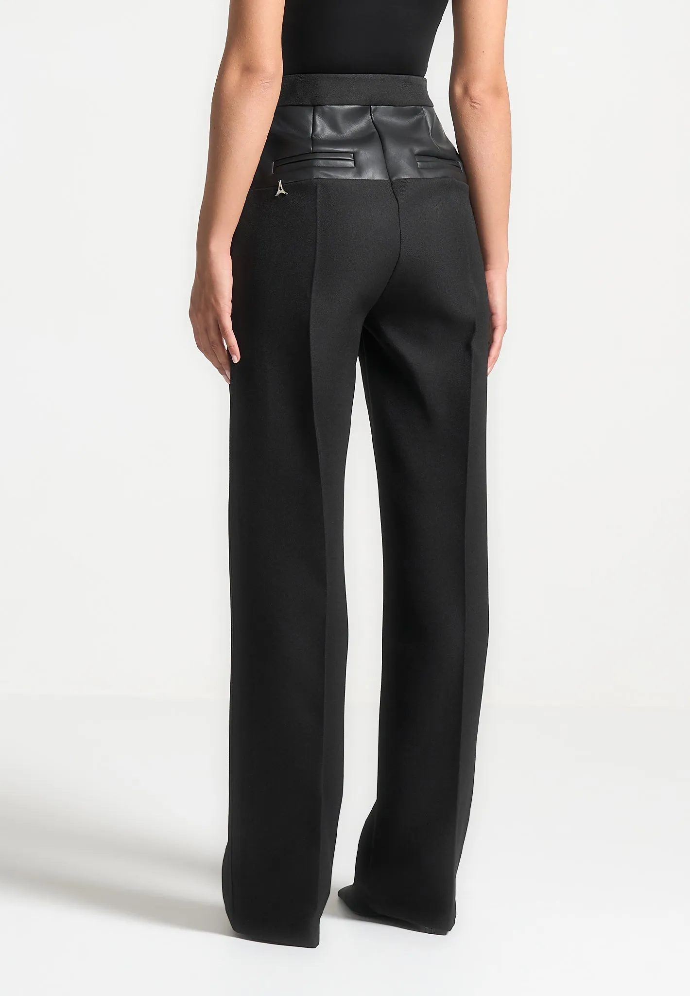 Leather Panel Tailored Trousers - Black