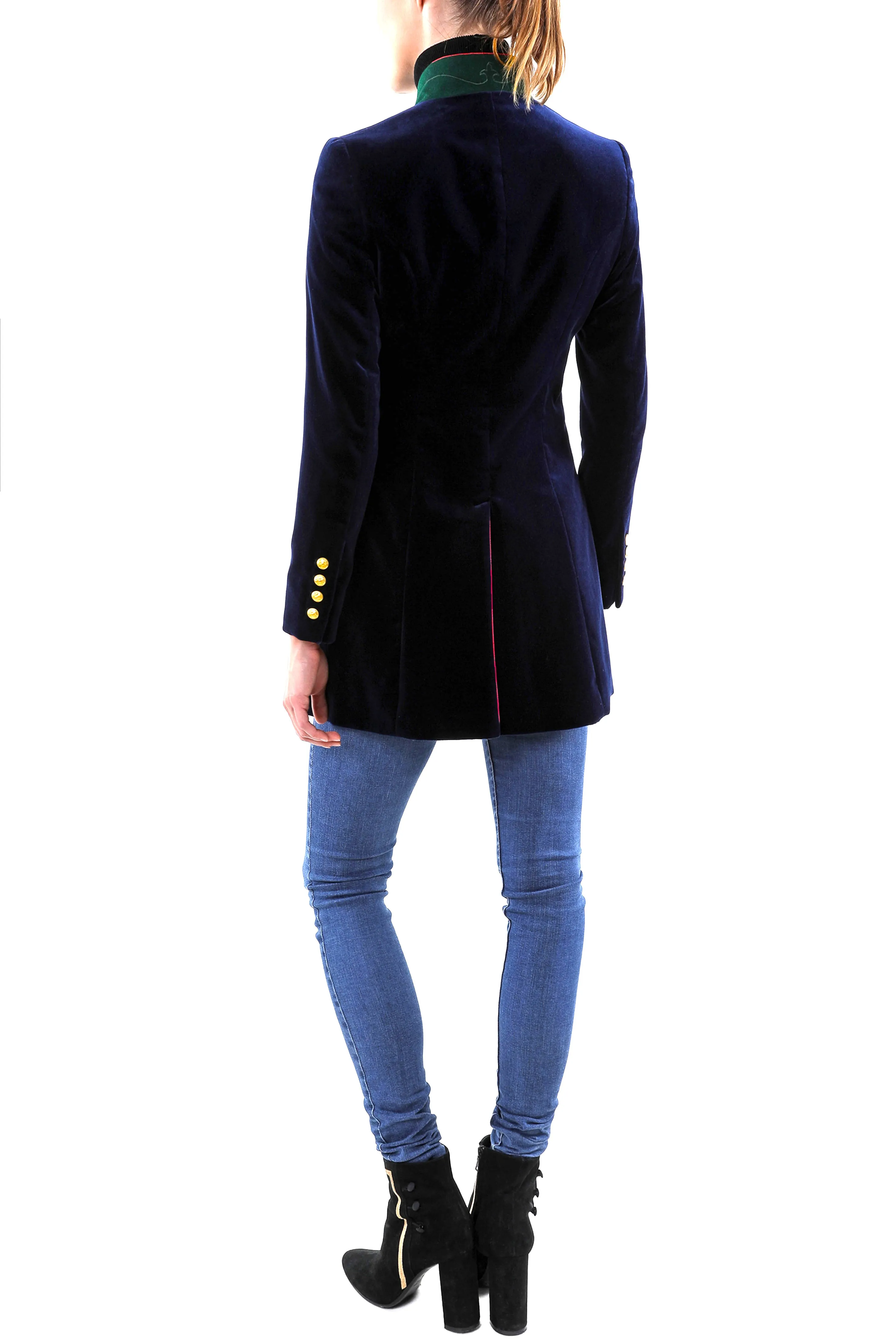 Long blazer from midnight blue velvet and loden