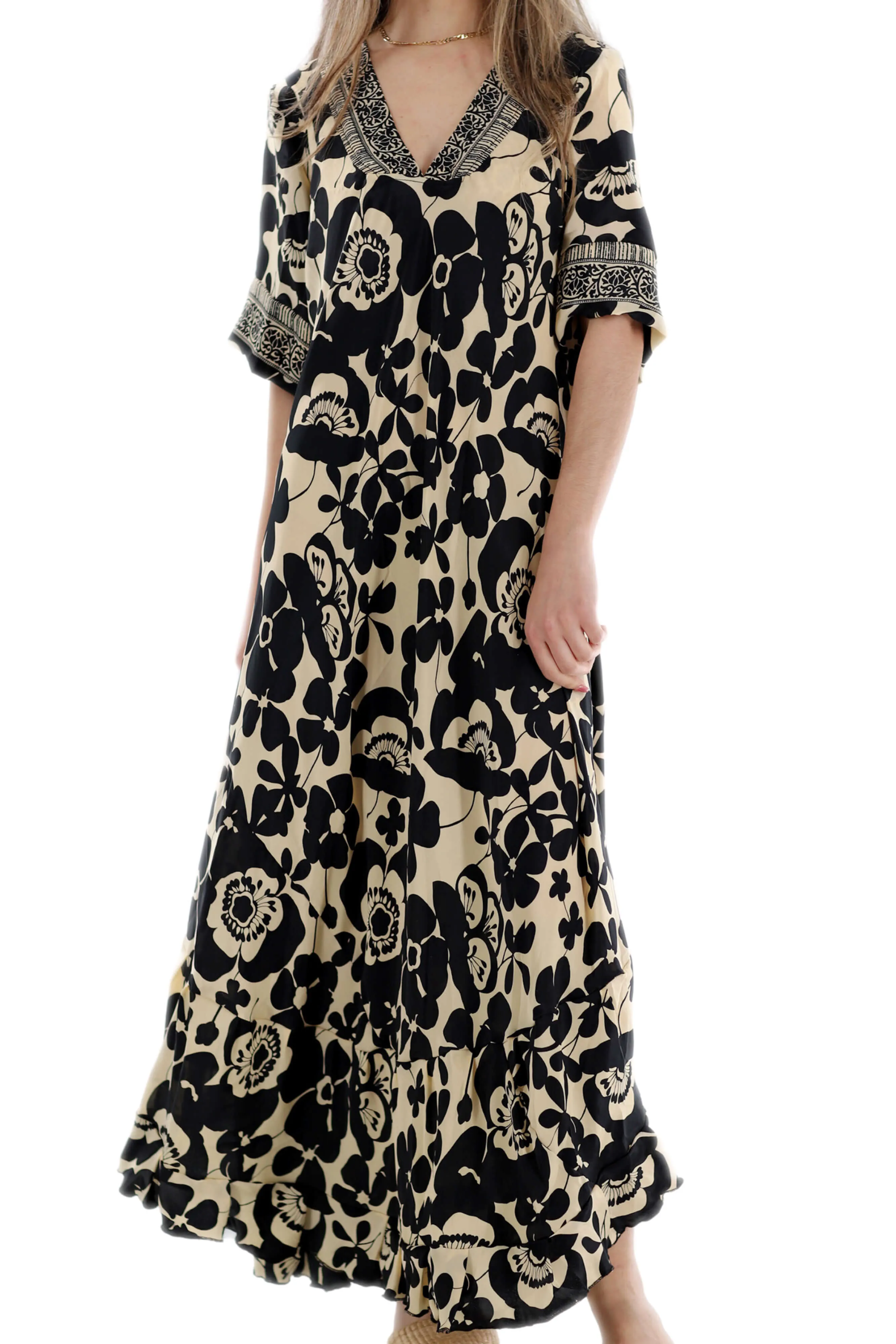 Long Flowy Floral 'Elisa' Maxi Dress in Gold