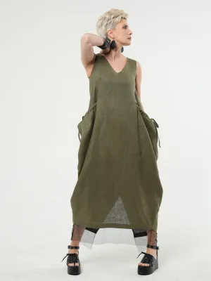 Long Linen Dress With Oversized Pockets In Khaki