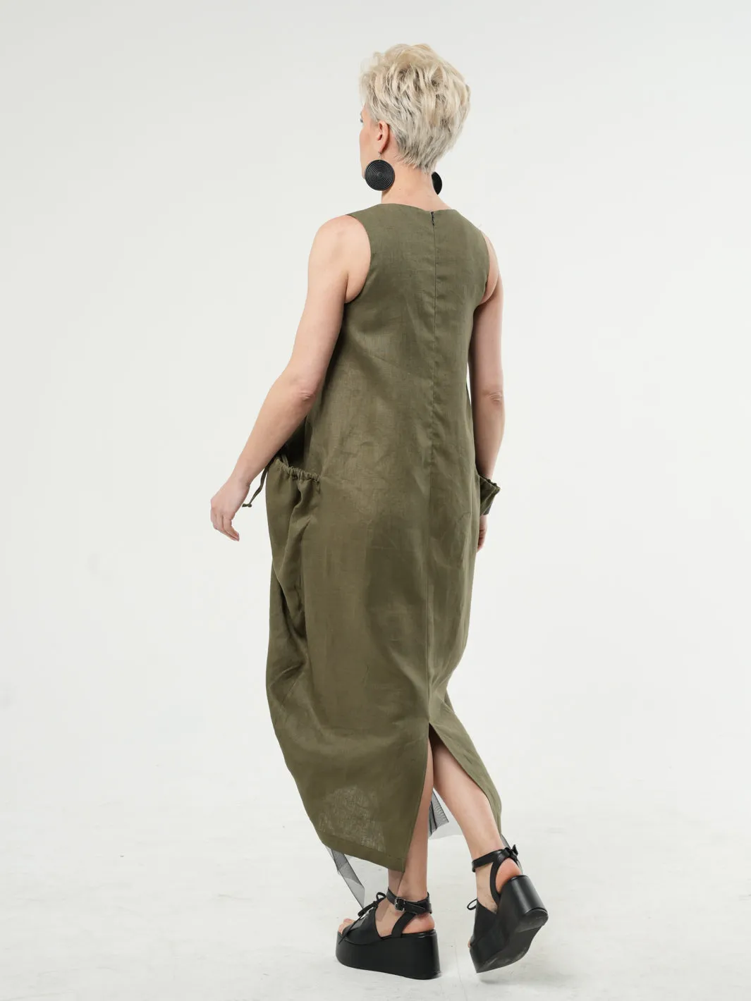 Long Linen Dress With Oversized Pockets In Khaki