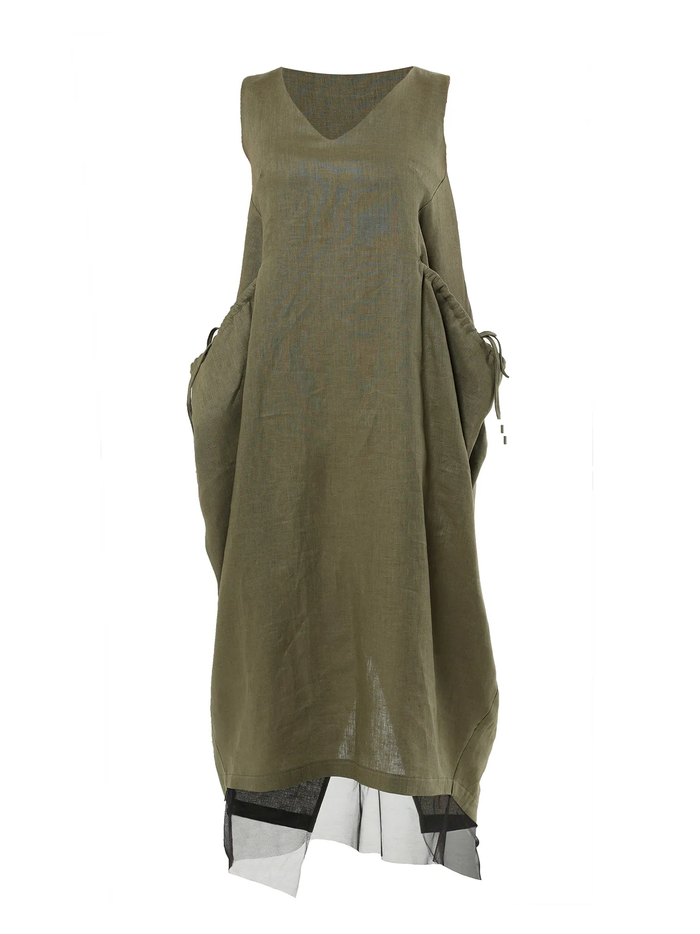 Long Linen Dress With Oversized Pockets In Khaki