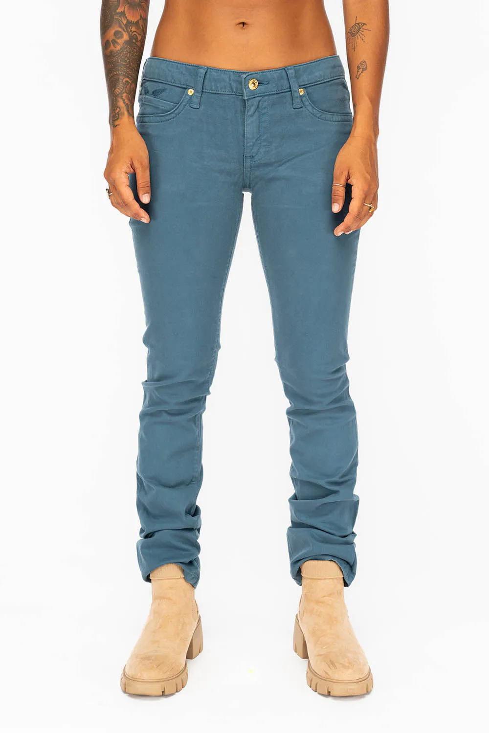 LOW RISE WOMENS JEANS IN PRUSSIAN BLUE WITH TONAL WINGS