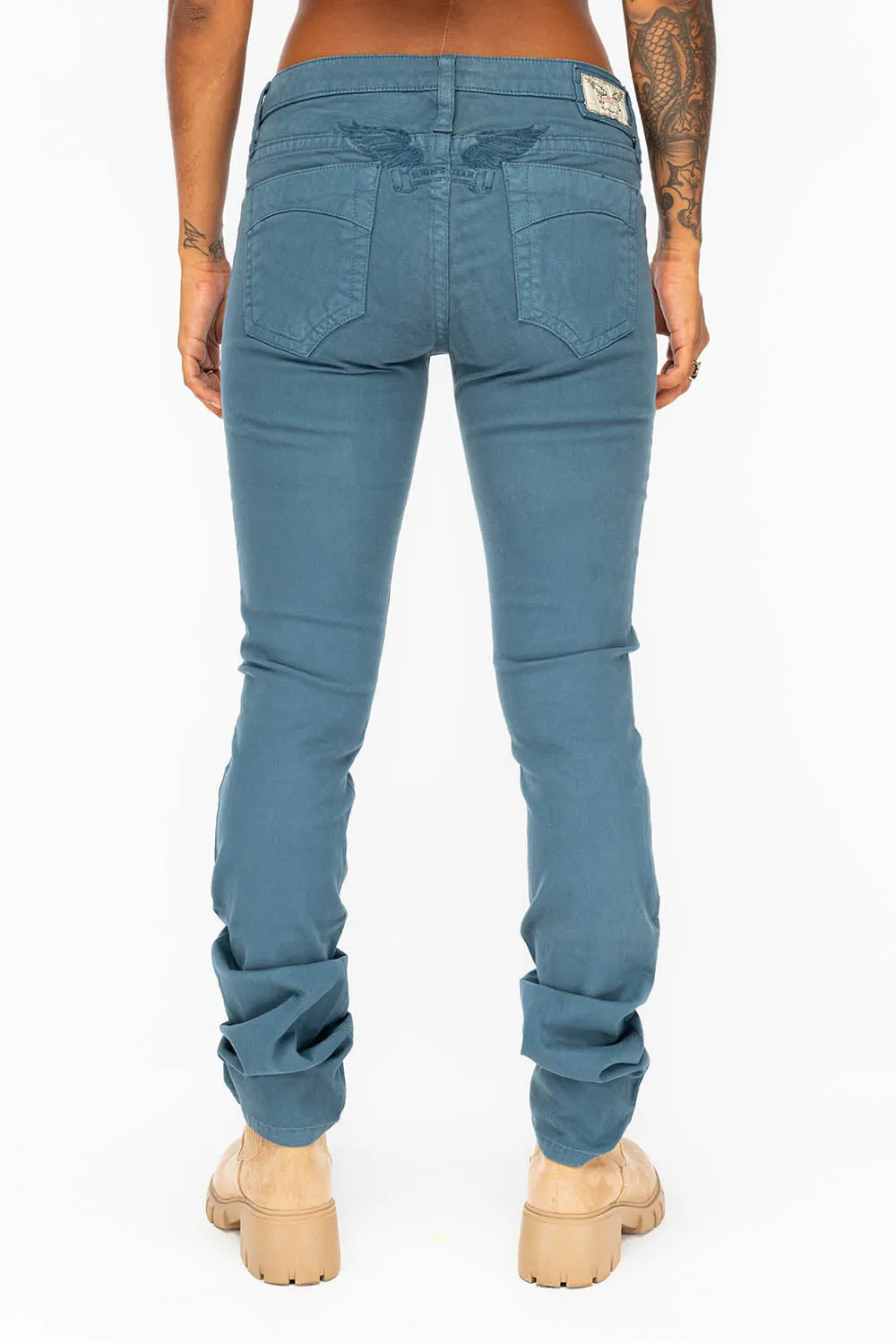 LOW RISE WOMENS JEANS IN PRUSSIAN BLUE WITH TONAL WINGS