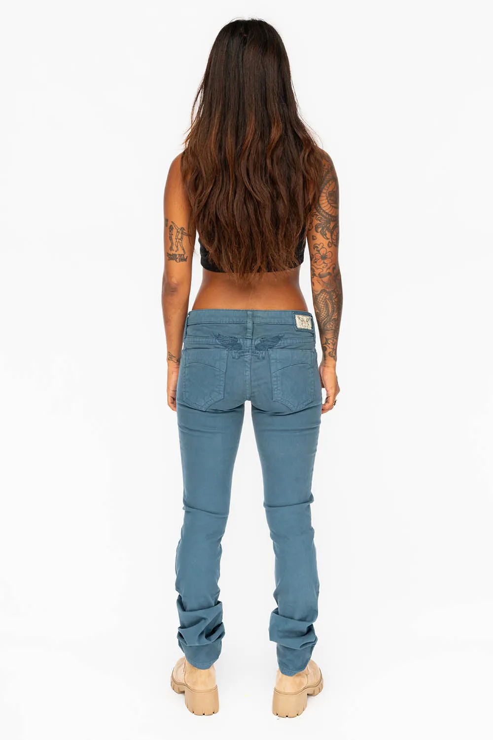 LOW RISE WOMENS JEANS IN PRUSSIAN BLUE WITH TONAL WINGS