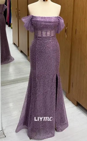 LP2258 - Off-Shoulder Strapless Sheer Sequins Sparkly Cocktail Dress