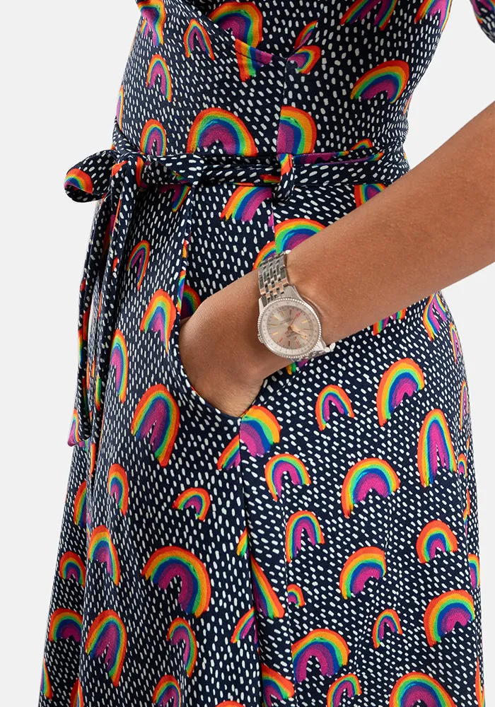 Maeve Navy Rainbow Print Cotton Midi Dress