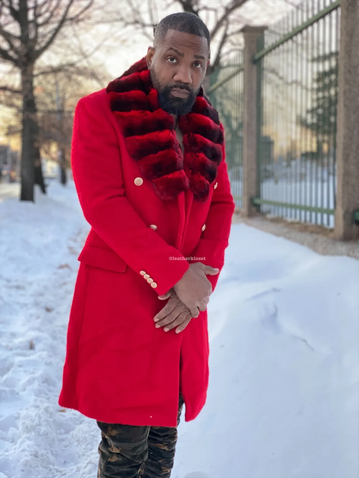 Men's Cashmere Trench Coat Red With Chinchilla Collar