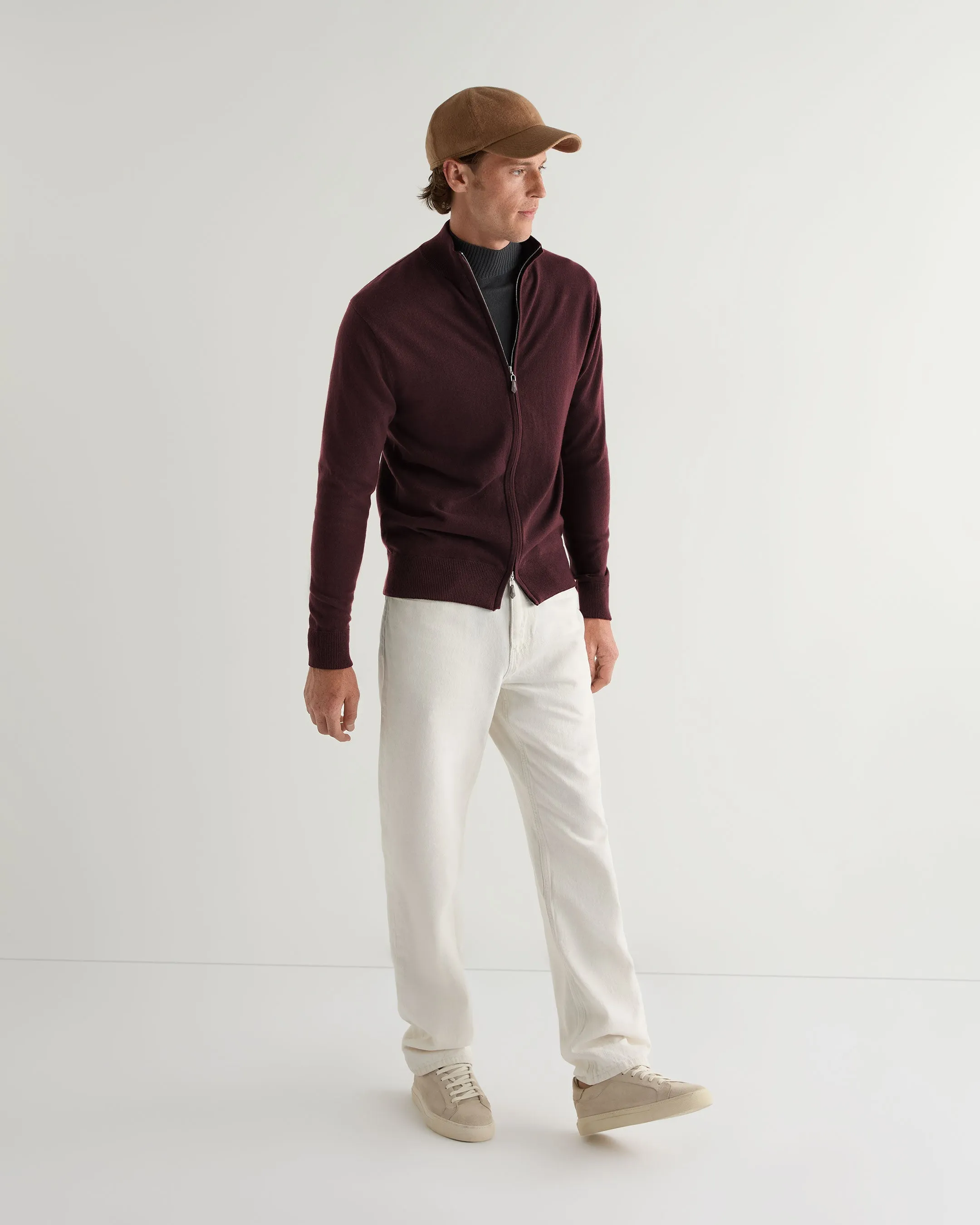 Men's Knightsbridge Full Zip Cashmere Jumper Claret Red