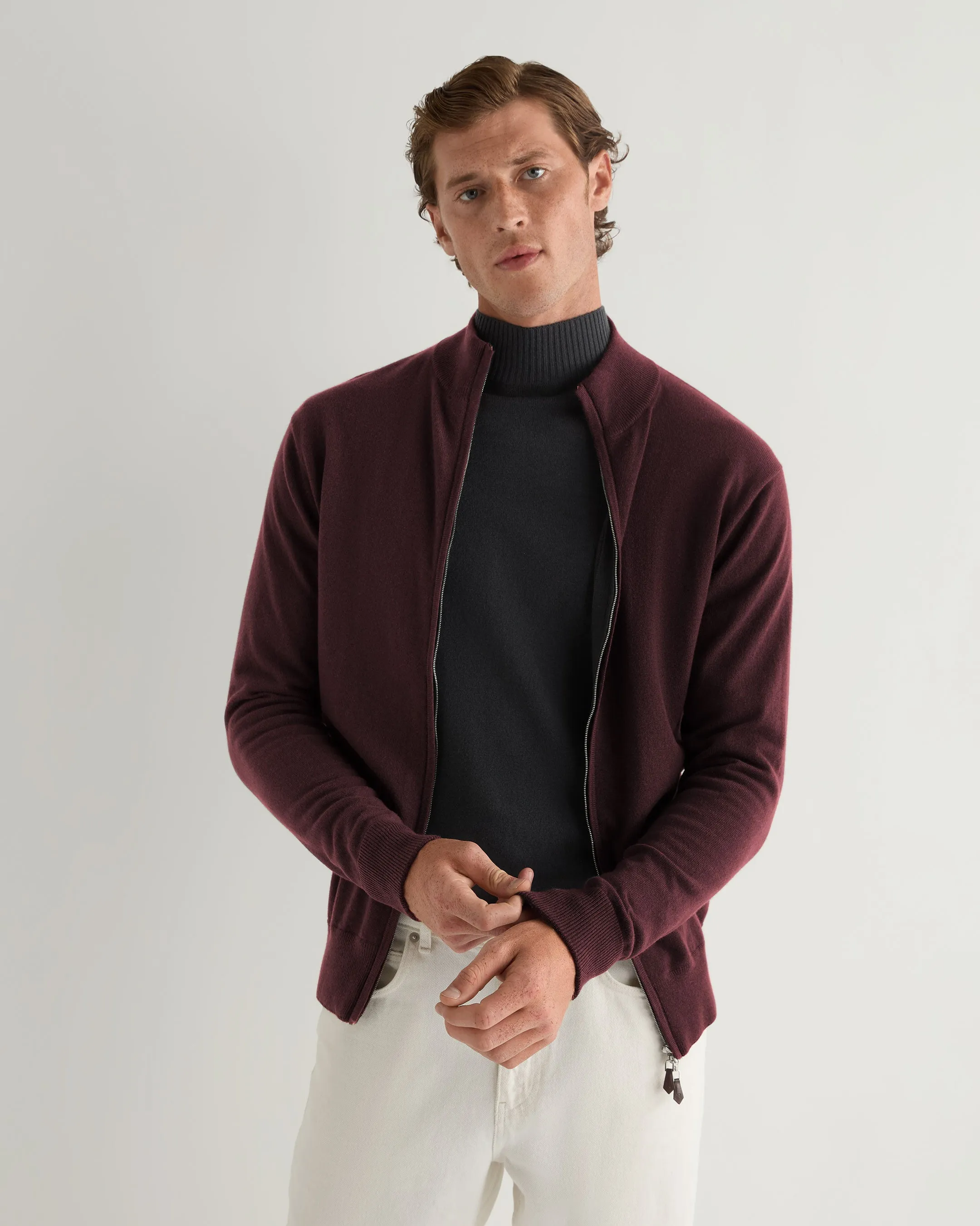 Men's Knightsbridge Full Zip Cashmere Jumper Claret Red