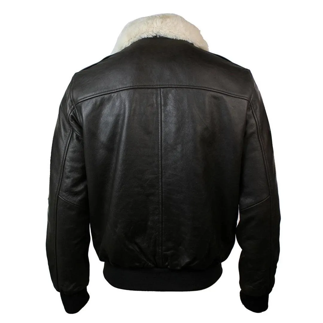 Mens Real Fur Collar Leather Bomber Pilot Flying Jacket Black Brown A2